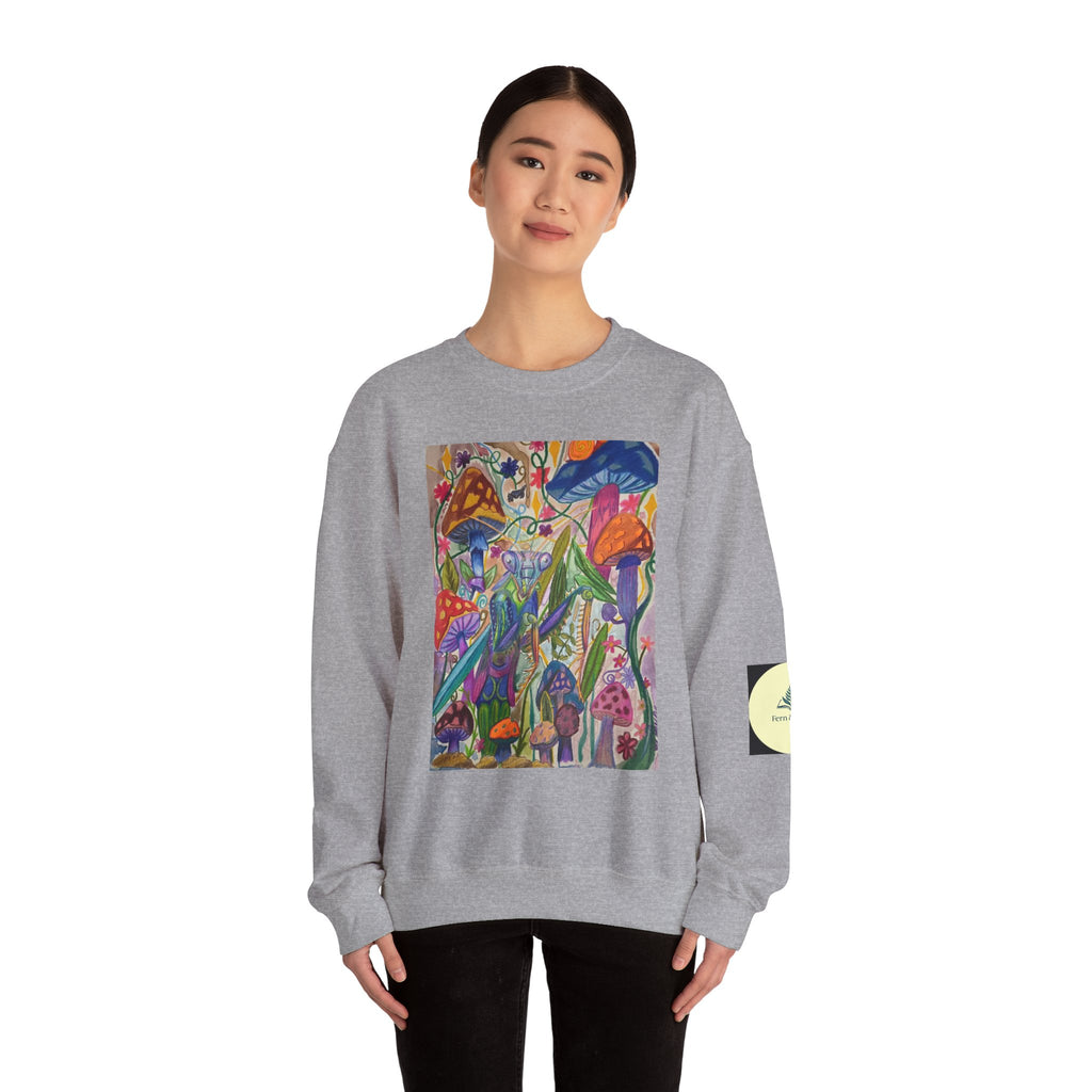 Praying Mantis/Mushroom Garden Crewneck Sweatshirt — Psychedelic Fungi Art