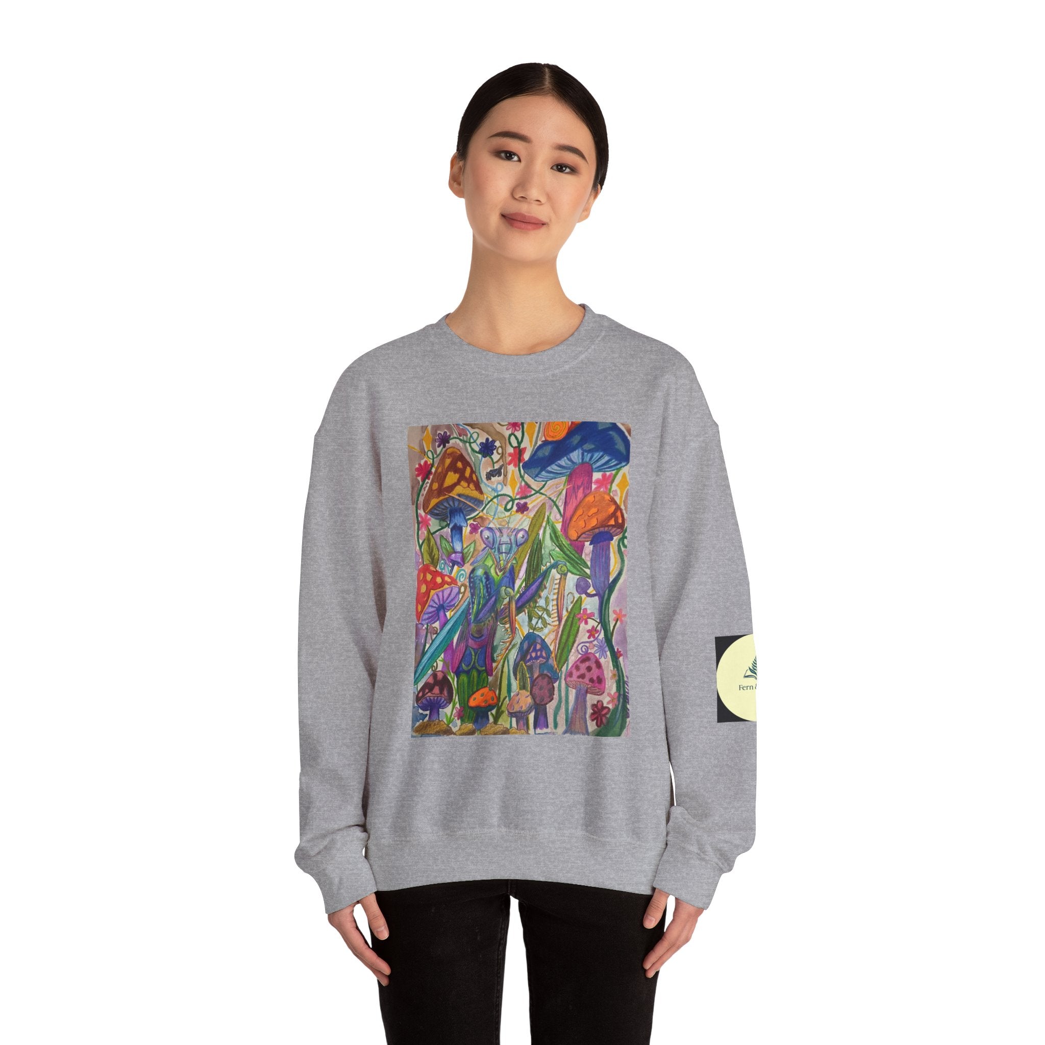Praying Mantis/Mushroom Garden Crewneck Sweatshirt — Psychedelic Fungi Art