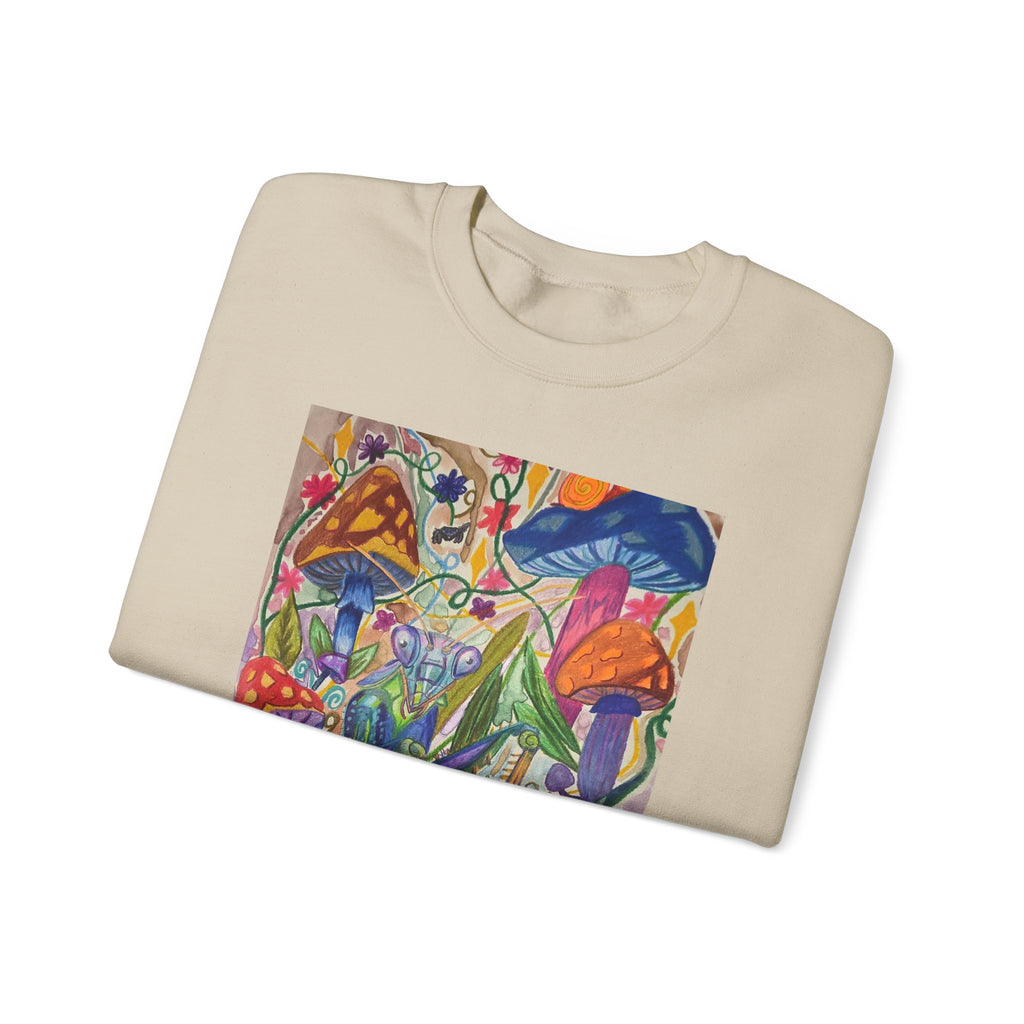 Praying Mantis/Mushroom Garden Crewneck Sweatshirt — Psychedelic Fungi Art