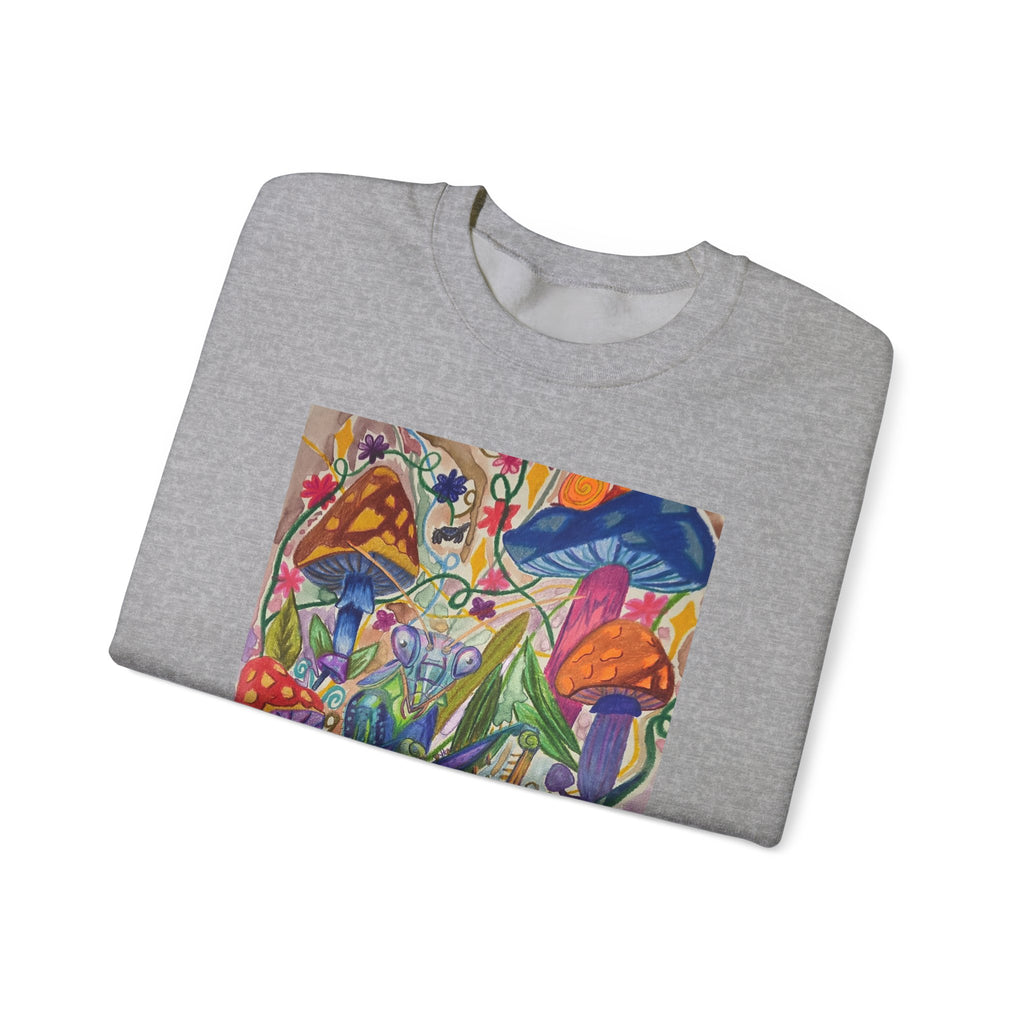 Praying Mantis/Mushroom Garden Crewneck Sweatshirt — Psychedelic Fungi Art