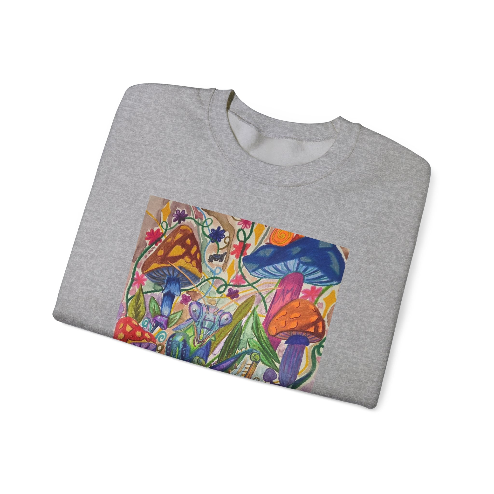 Praying Mantis/Mushroom Garden Crewneck Sweatshirt — Psychedelic Fungi Art