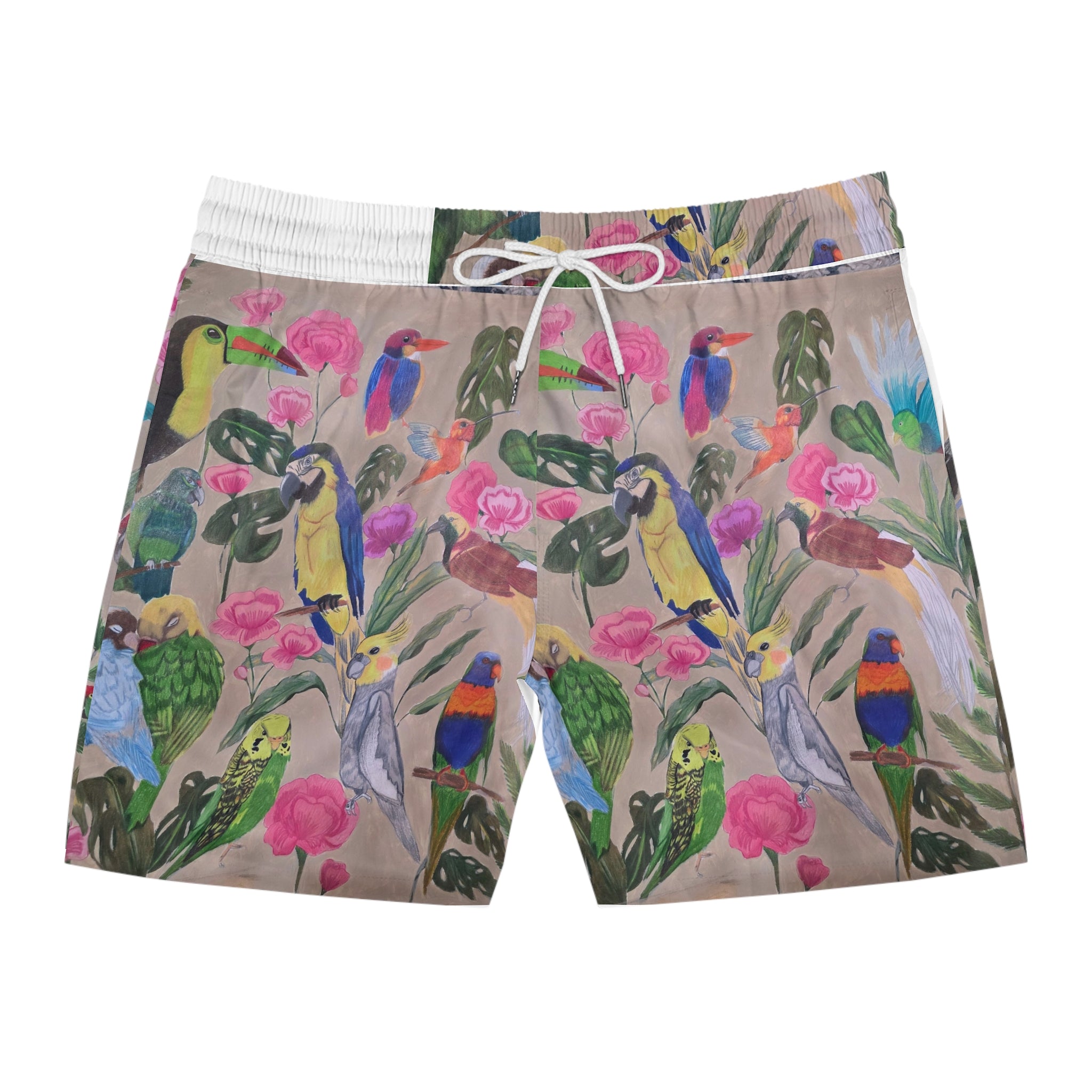 Tropical Parrot Swim Shorts — Colorful Bird & Floral Print Men's Swim Trunks