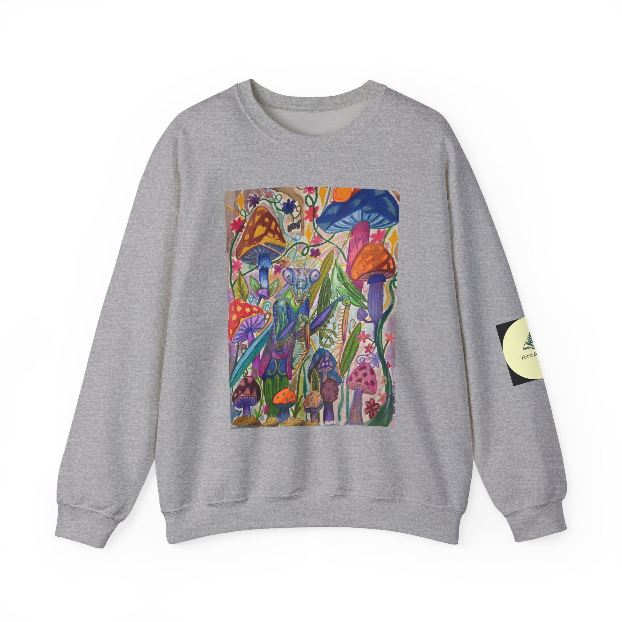 Praying Mantis/Mushroom Garden Crewneck Sweatshirt — Psychedelic Fungi Art