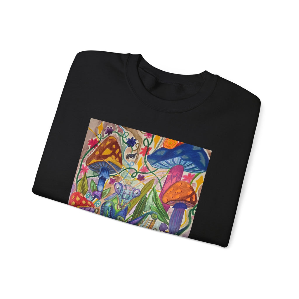 Praying Mantis/Mushroom Garden Crewneck Sweatshirt — Psychedelic Fungi Art