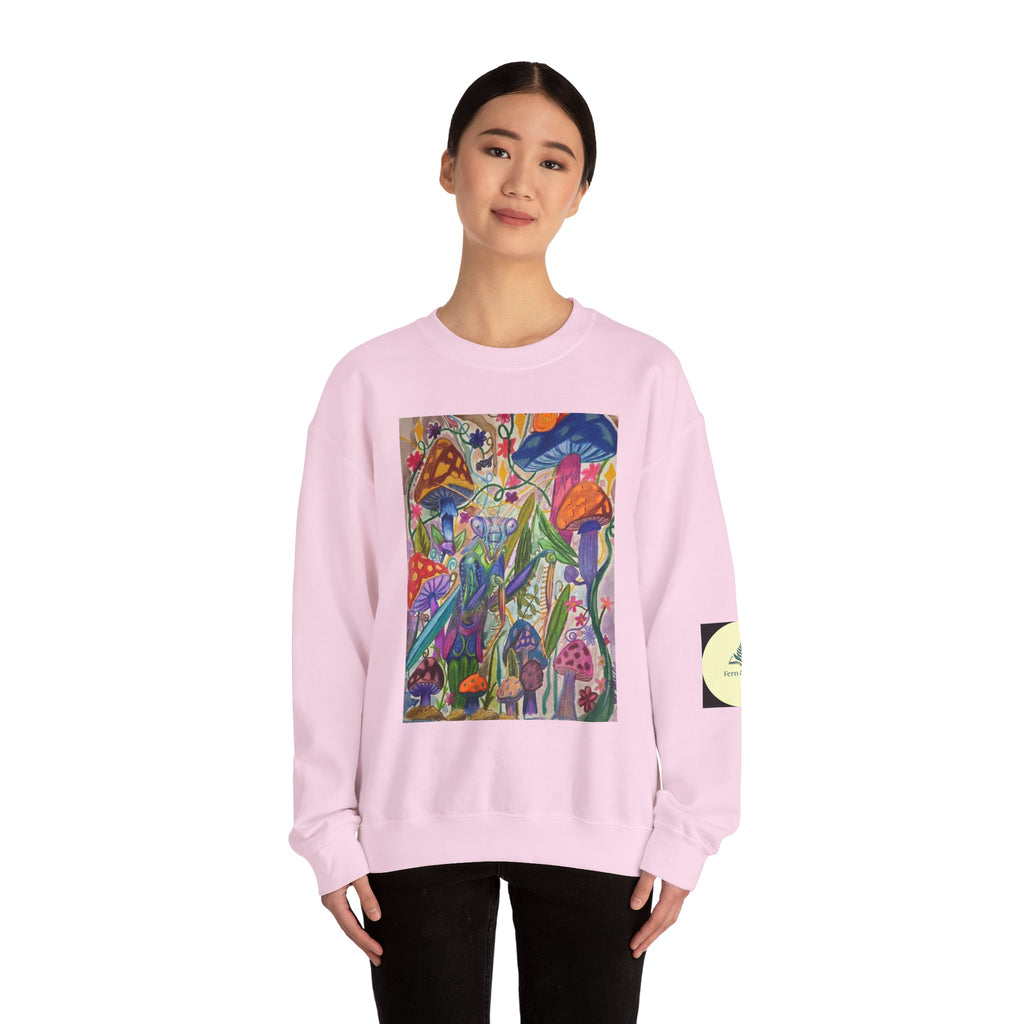 Praying Mantis/Mushroom Garden Crewneck Sweatshirt — Psychedelic Fungi Art