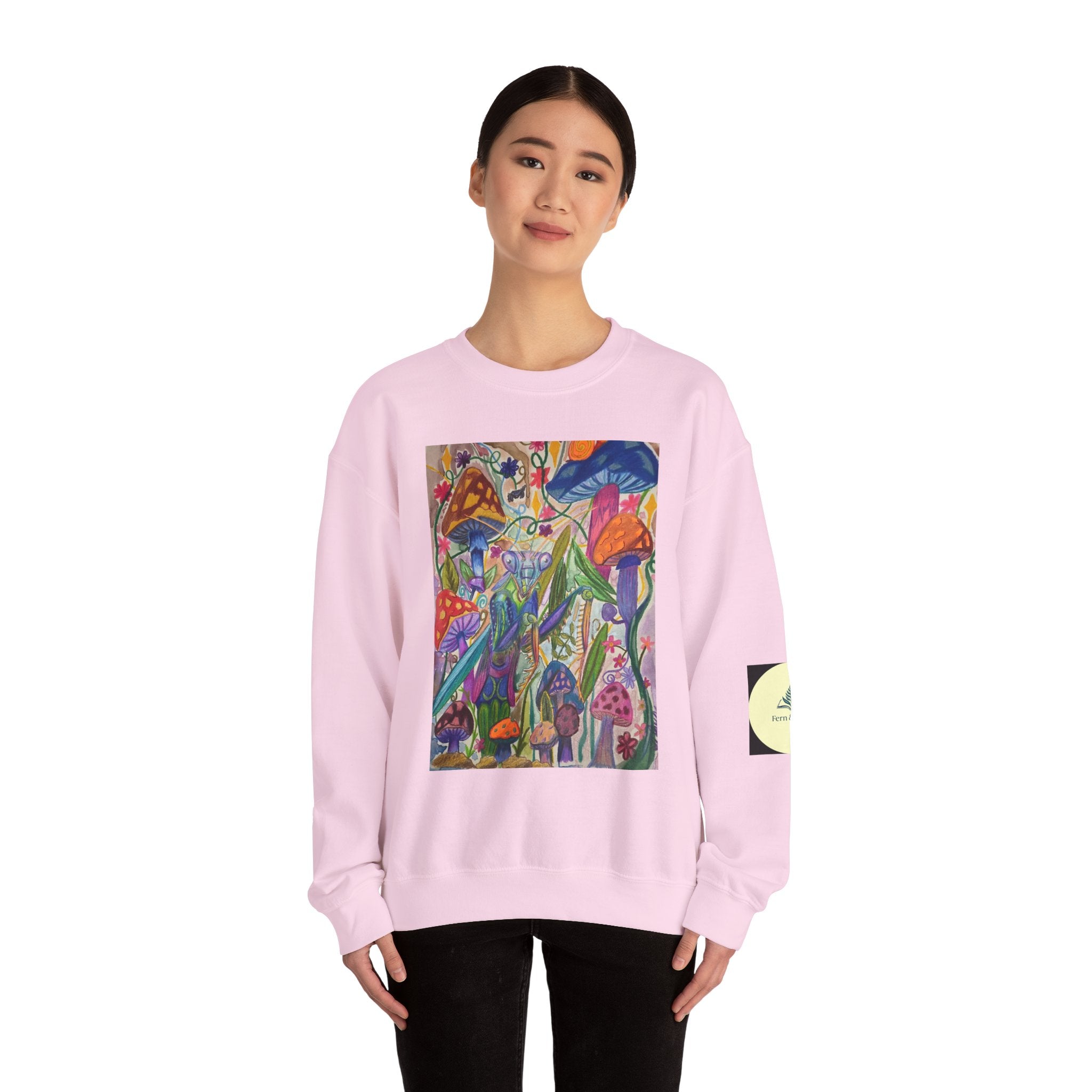 Praying Mantis/Mushroom Garden Crewneck Sweatshirt — Psychedelic Fungi Art