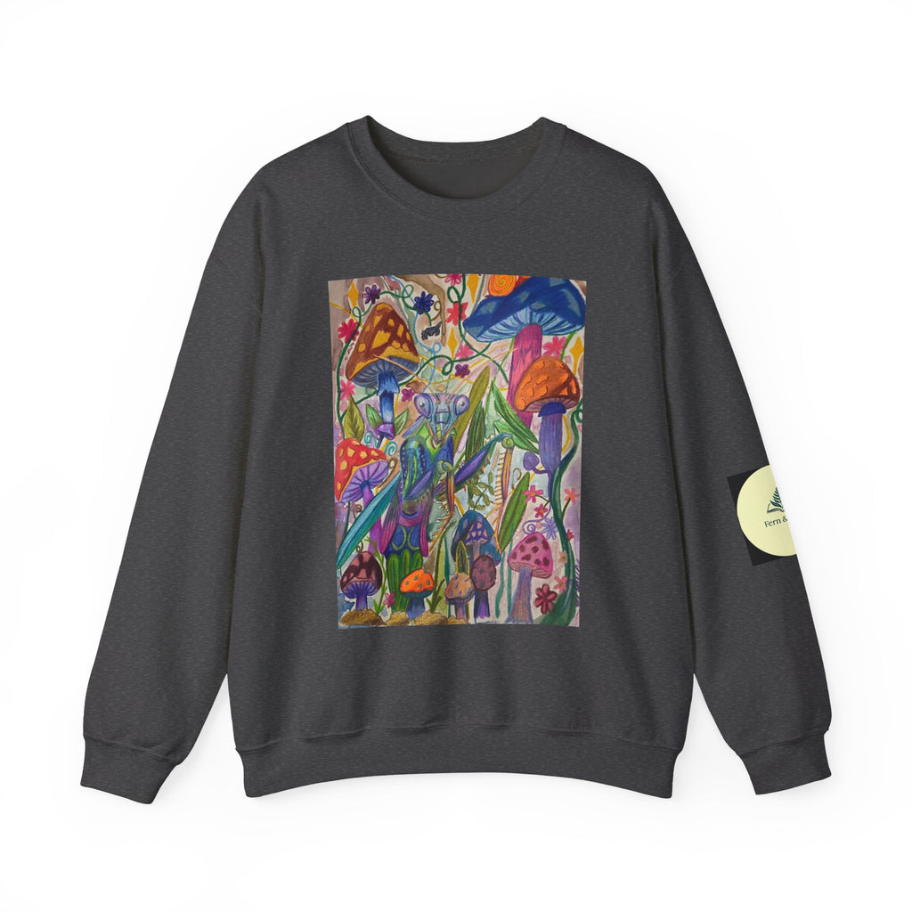 Praying Mantis/Mushroom Garden Crewneck Sweatshirt — Psychedelic Fungi Art