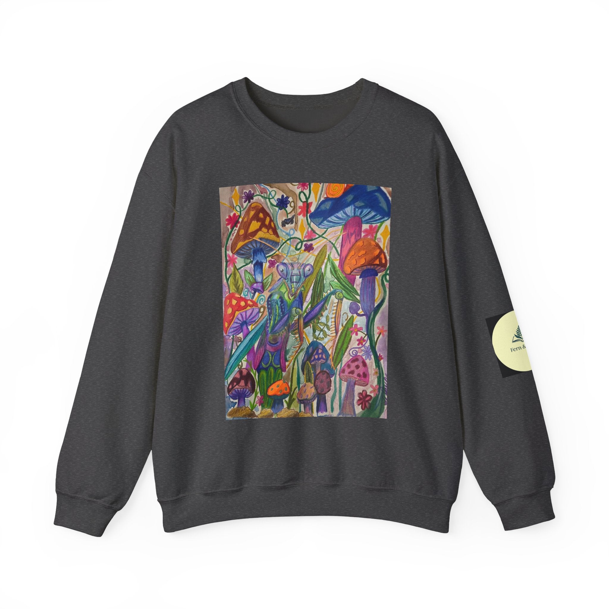 Praying Mantis/Mushroom Garden Crewneck Sweatshirt — Psychedelic Fungi Art