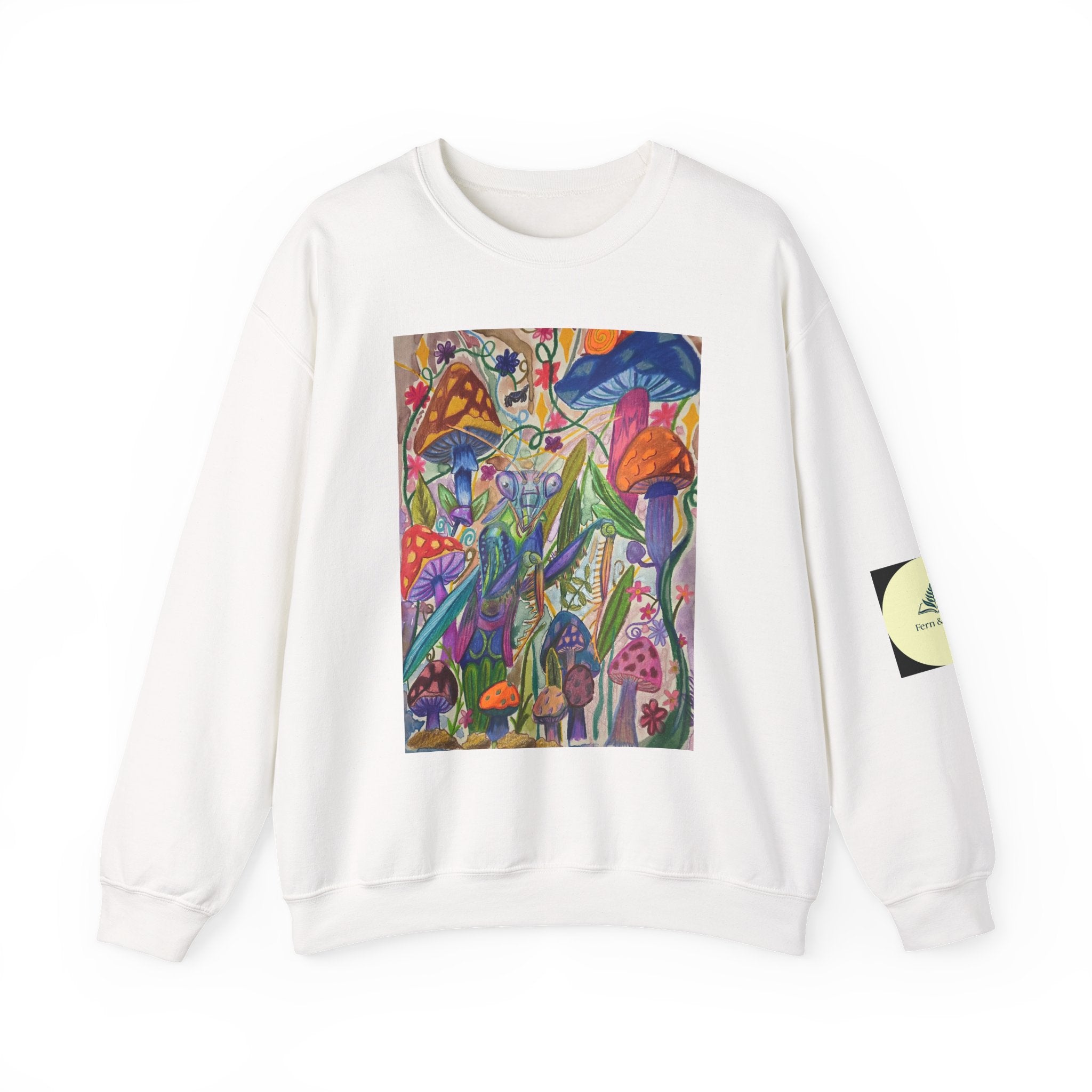 Praying Mantis/Mushroom Garden Crewneck Sweatshirt — Psychedelic Fungi Art