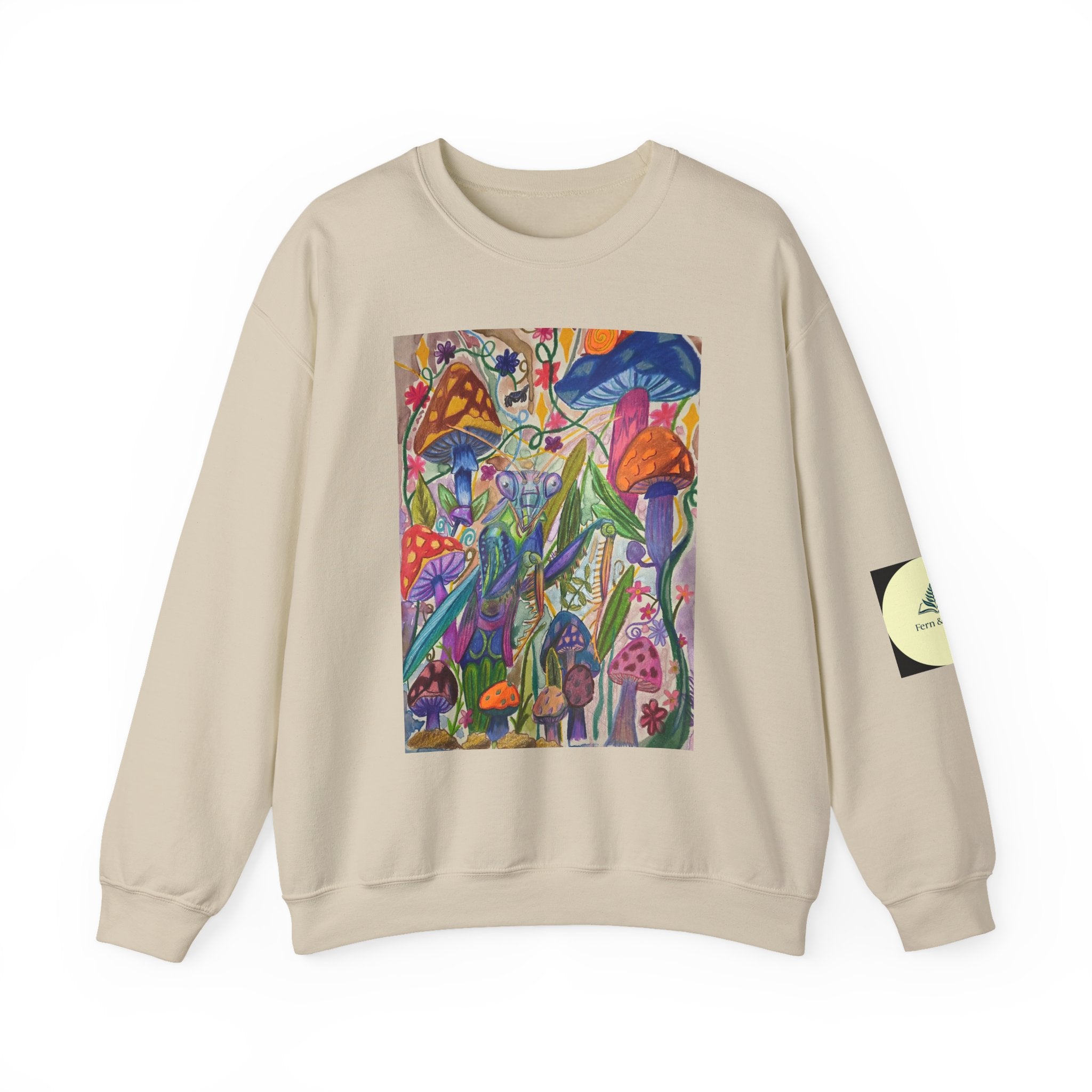 Praying Mantis/Mushroom Garden Crewneck Sweatshirt — Psychedelic Fungi Art