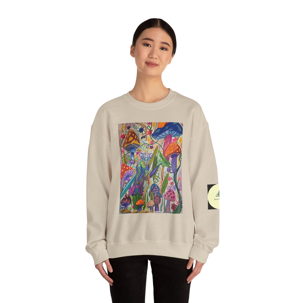 Praying Mantis/Mushroom Garden Crewneck Sweatshirt — Psychedelic Fungi Art