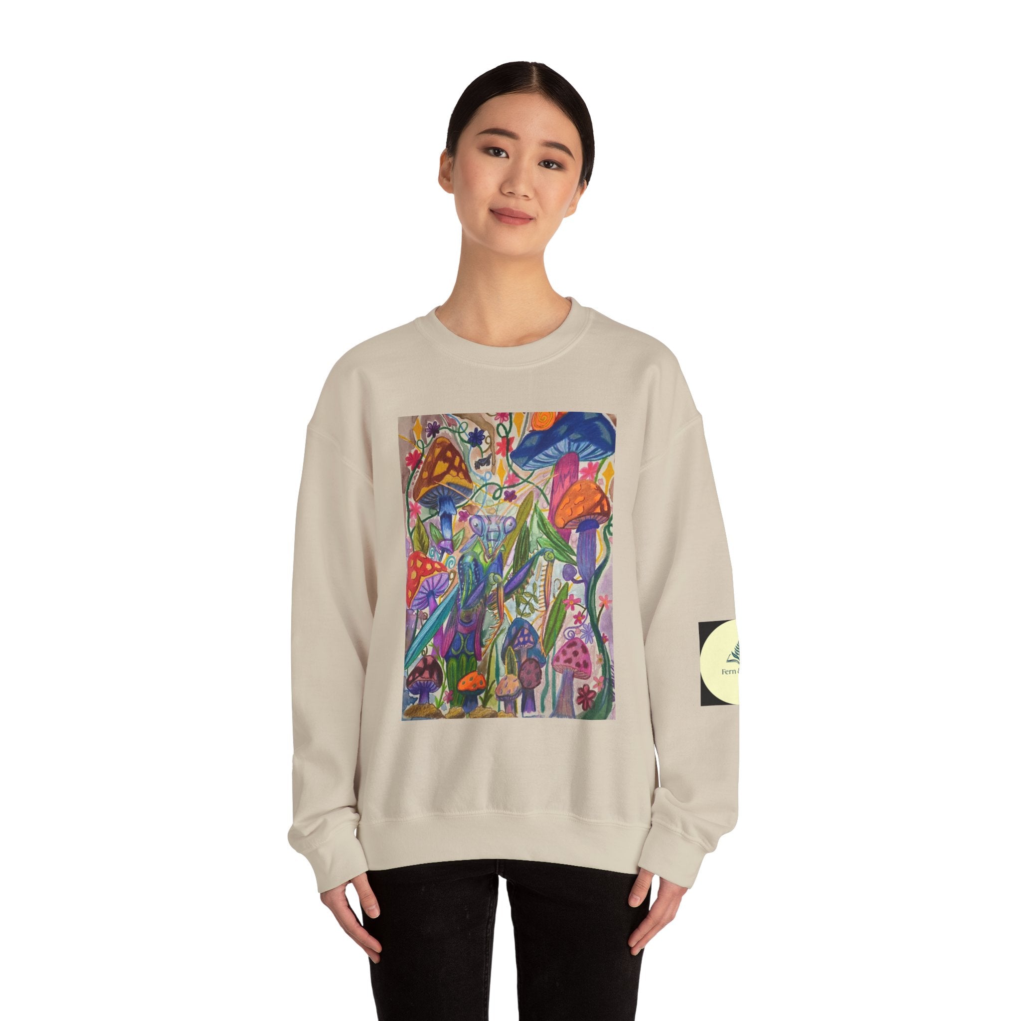 Praying Mantis/Mushroom Garden Crewneck Sweatshirt — Psychedelic Fungi Art