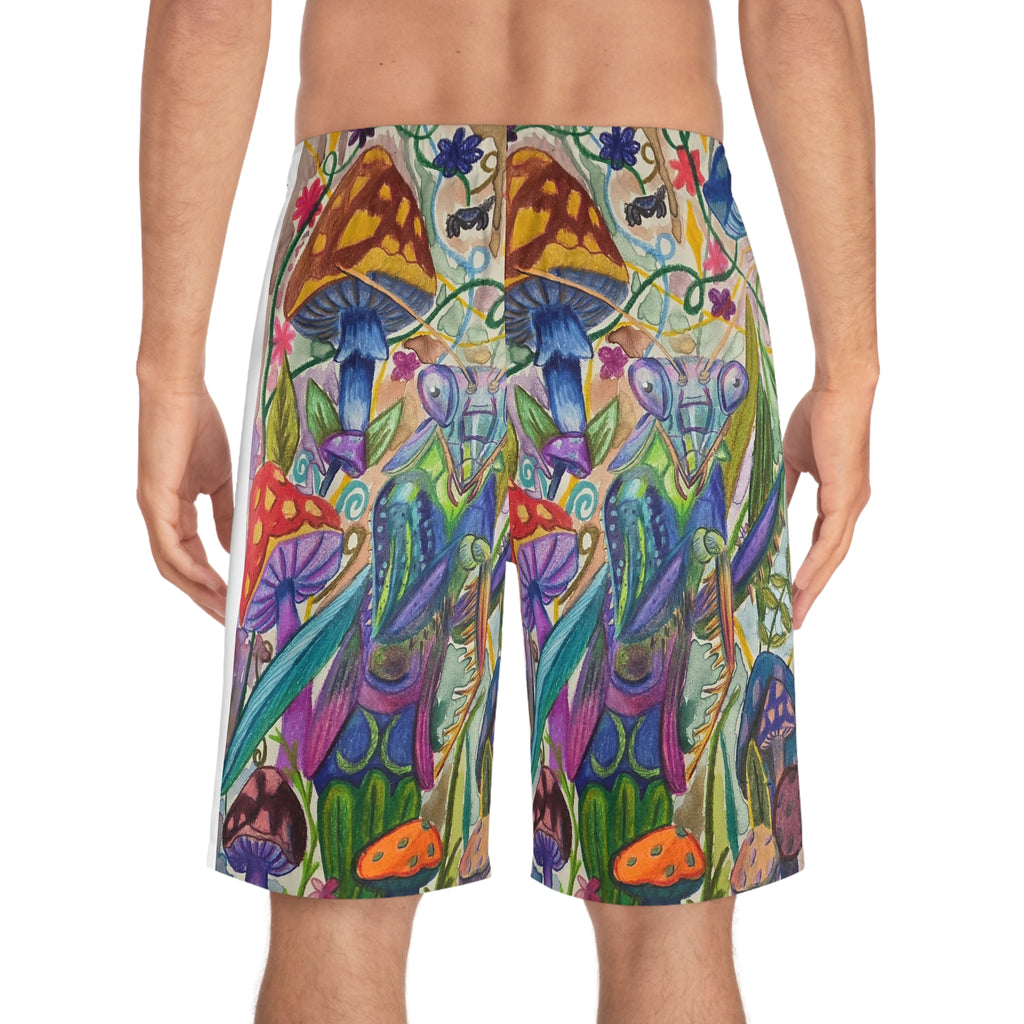Psychedelic Mushroom Print Board Shorts — Colorful Fantasy AOP Swim Trunks