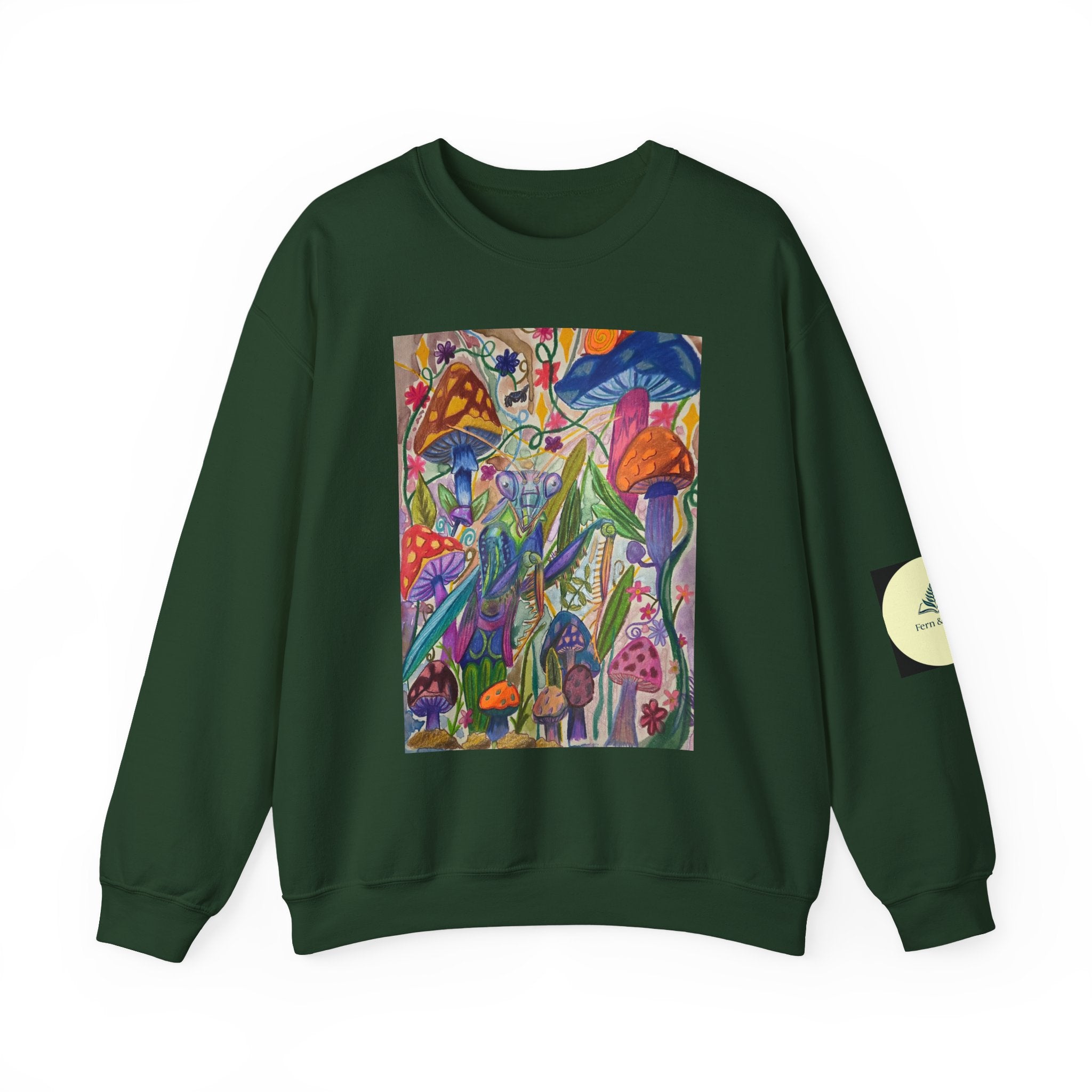 Praying Mantis/Mushroom Garden Crewneck Sweatshirt — Psychedelic Fungi Art