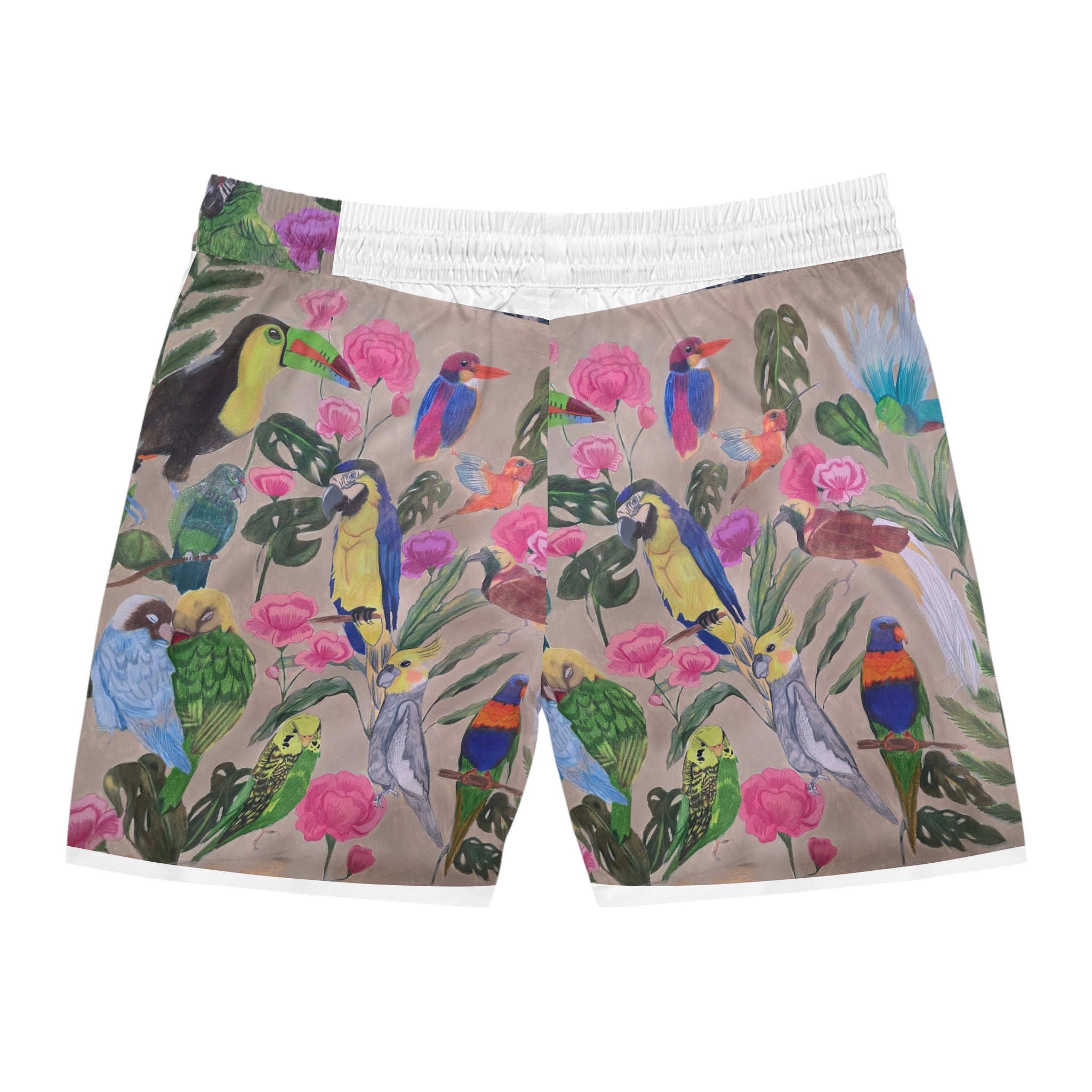 Tropical Parrot Swim Shorts — Colorful Bird & Floral Print Men's Swim Trunks