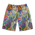 Psychedelic Mushroom Print Board Shorts — Colorful Fantasy AOP Swim Trunks