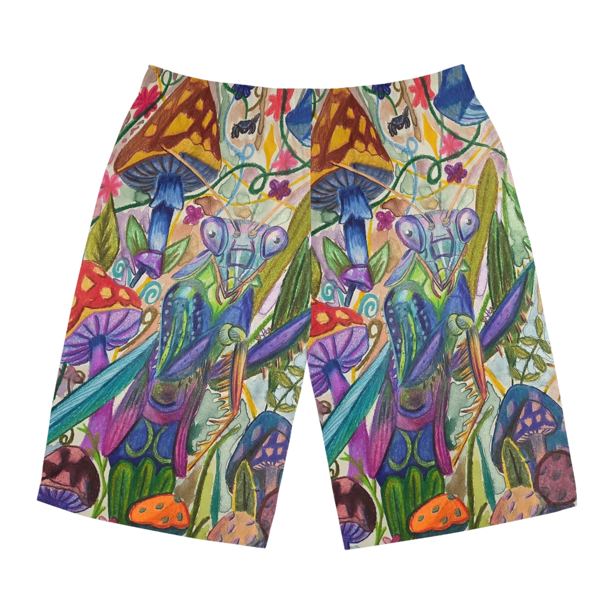 Psychedelic Mushroom Print Board Shorts — Colorful Fantasy AOP Swim Trunks