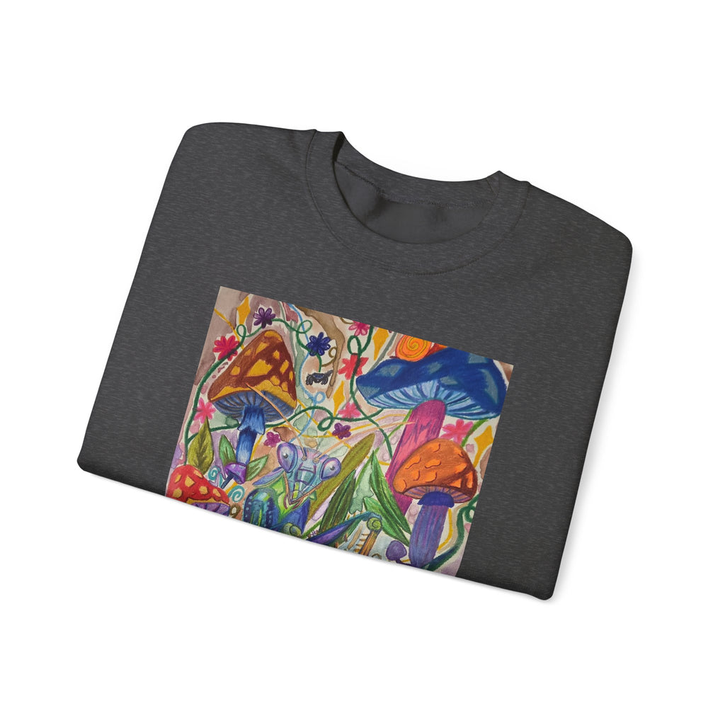 Praying Mantis/Mushroom Garden Crewneck Sweatshirt — Psychedelic Fungi Art