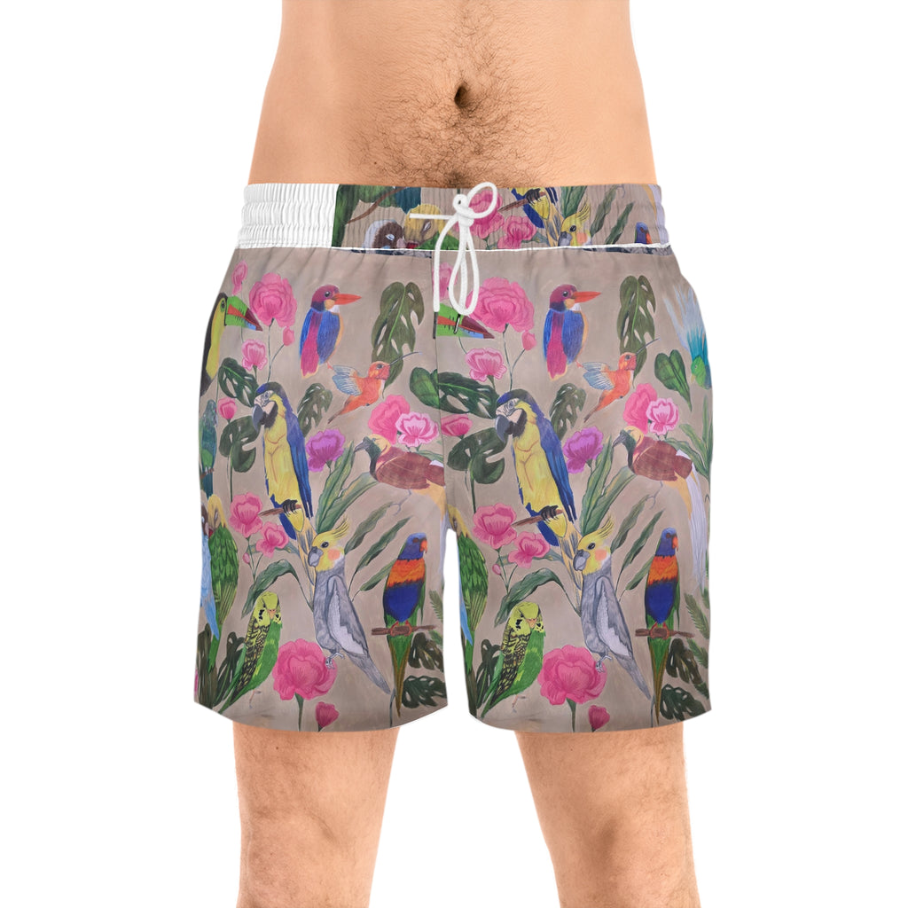 Tropical Parrot Swim Shorts — Colorful Bird & Floral Print Men's Swim Trunks