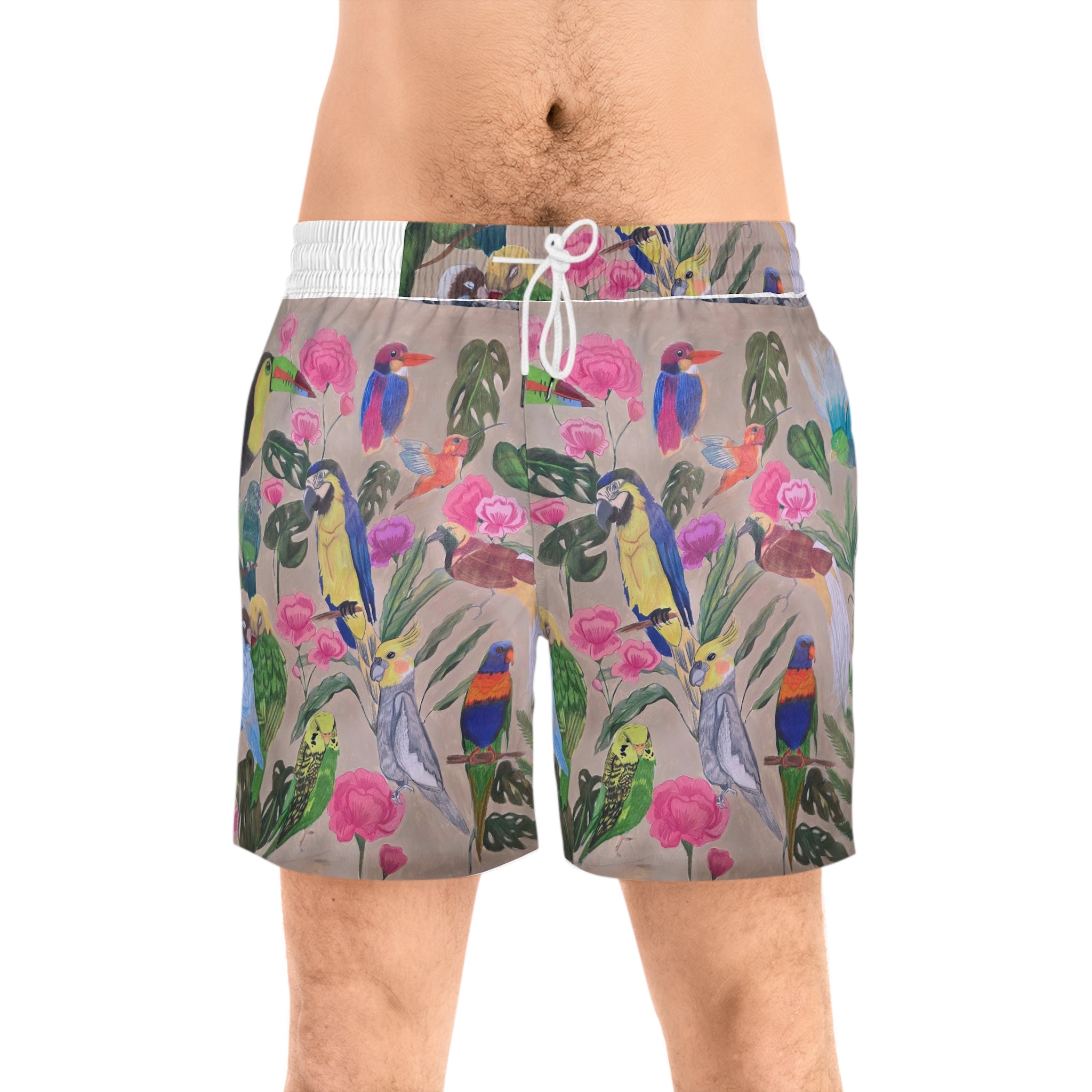 Tropical Parrot Swim Shorts — Colorful Bird & Floral Print Men's Swim Trunks