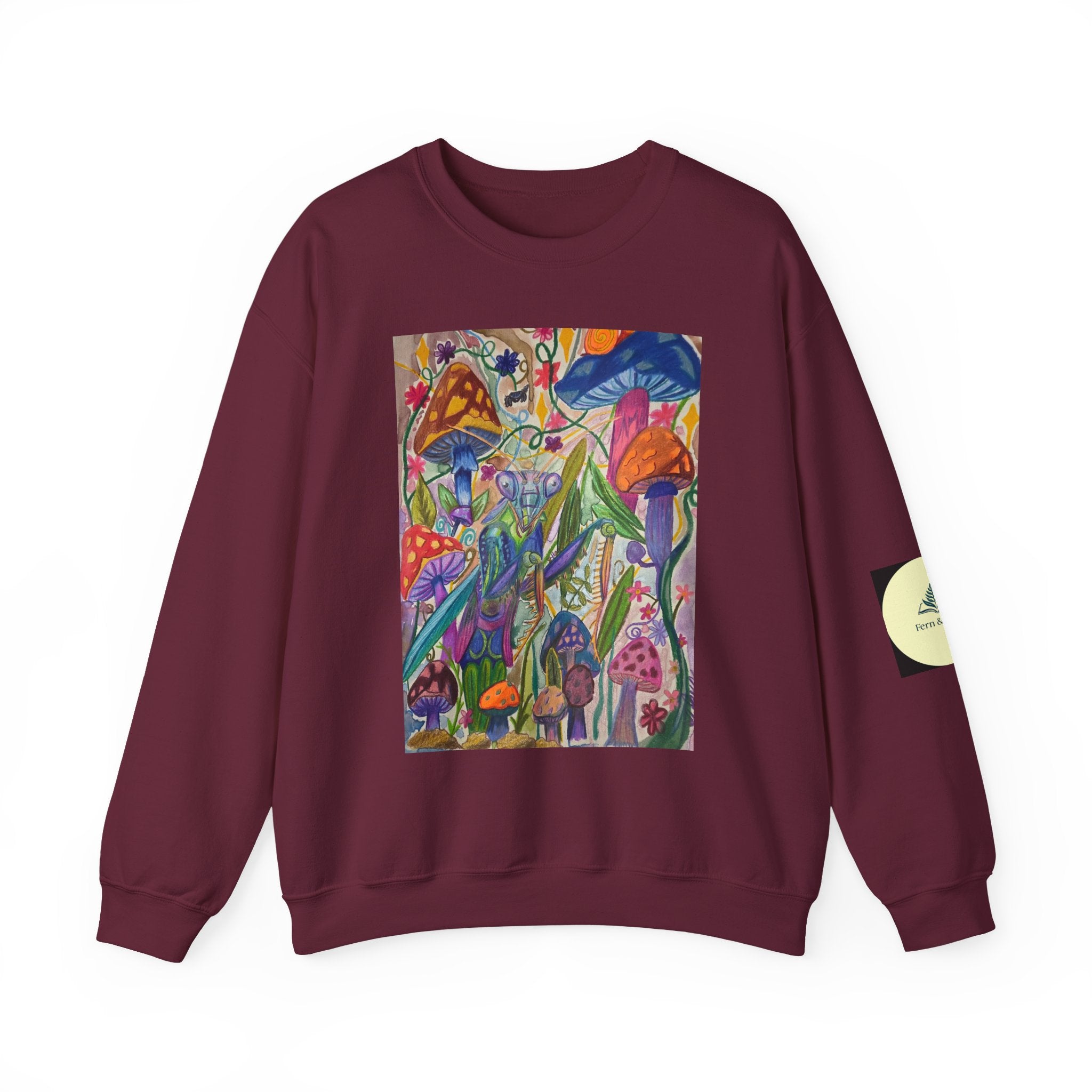 Praying Mantis/Mushroom Garden Crewneck Sweatshirt — Psychedelic Fungi Art