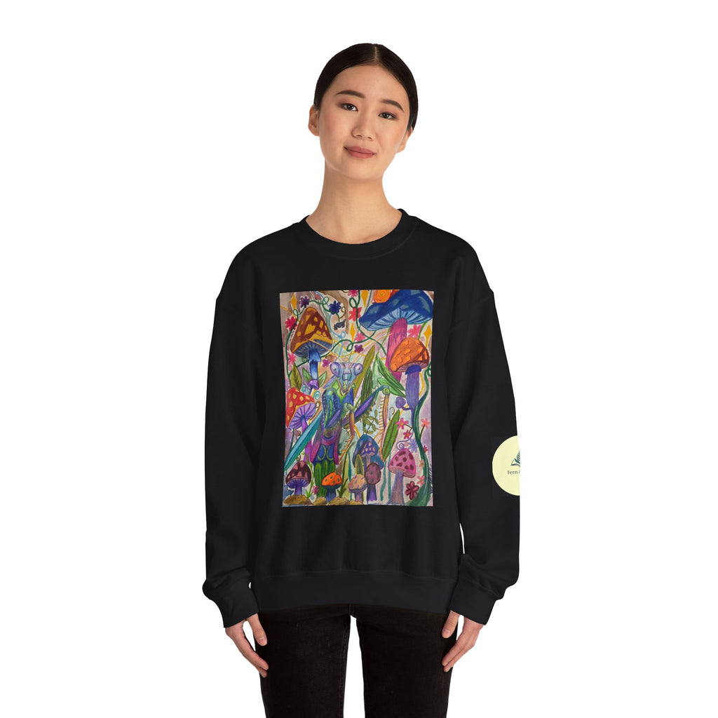 Praying Mantis/Mushroom Garden Crewneck Sweatshirt — Psychedelic Fungi Art