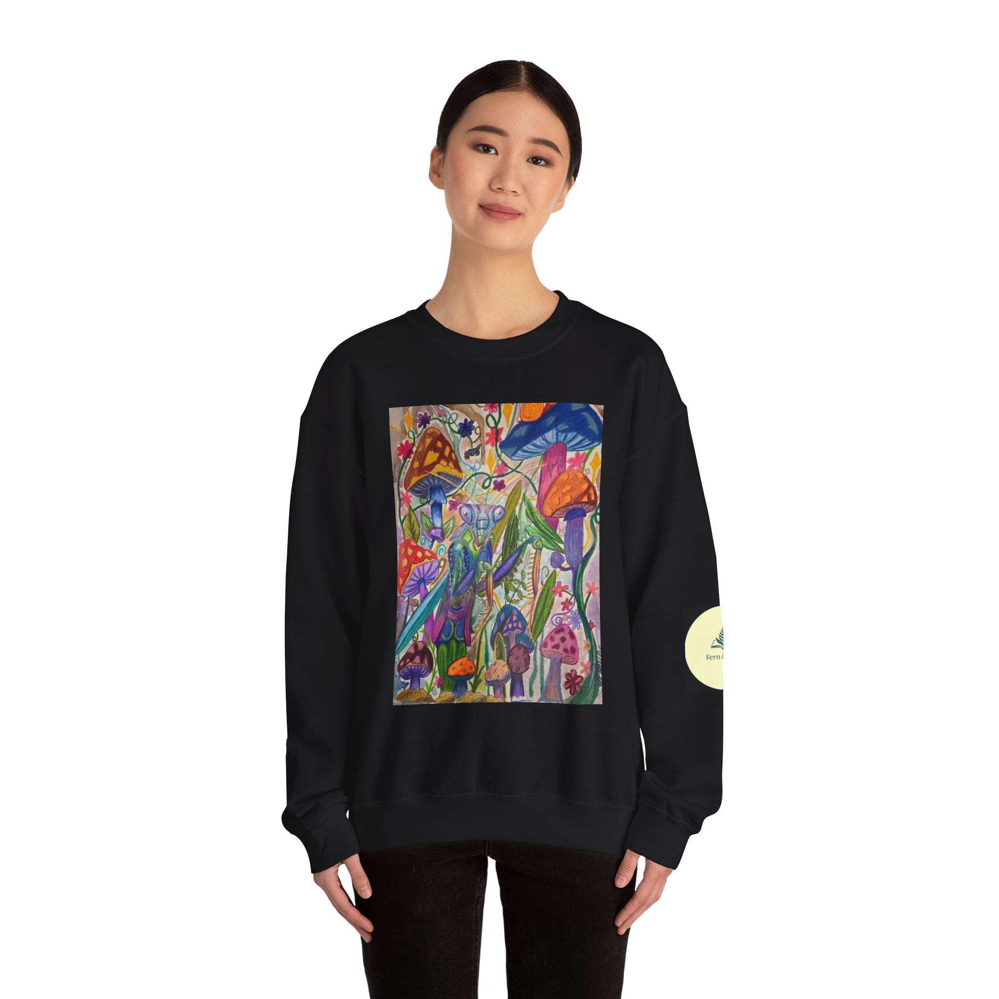 Praying Mantis/Mushroom Garden Crewneck Sweatshirt — Psychedelic Fungi Art