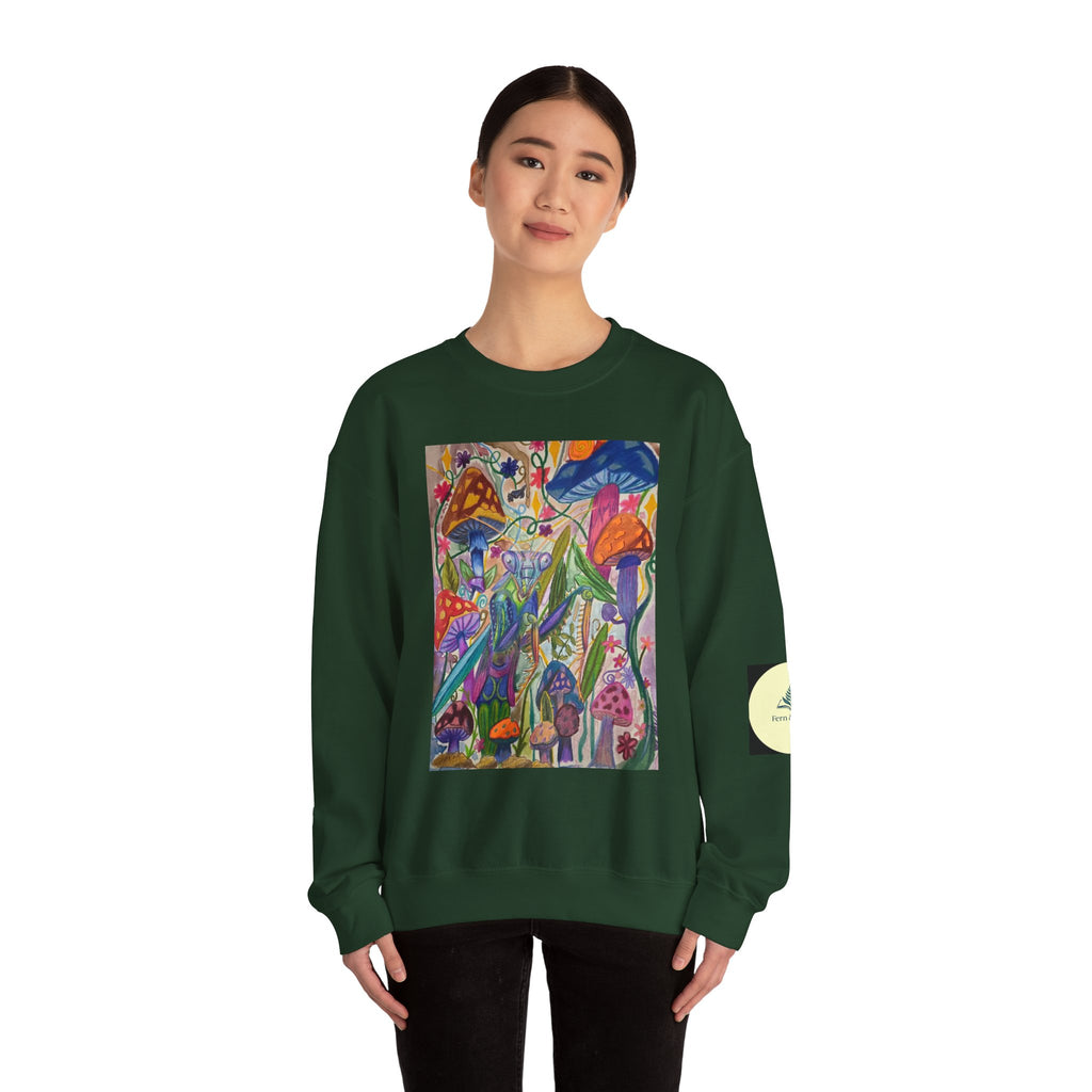 Praying Mantis/Mushroom Garden Crewneck Sweatshirt — Psychedelic Fungi Art