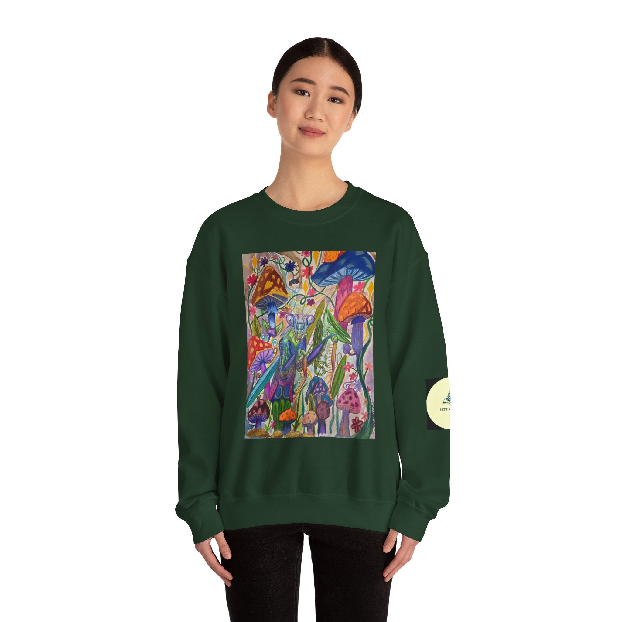 Praying Mantis/Mushroom Garden Crewneck Sweatshirt — Psychedelic Fungi Art