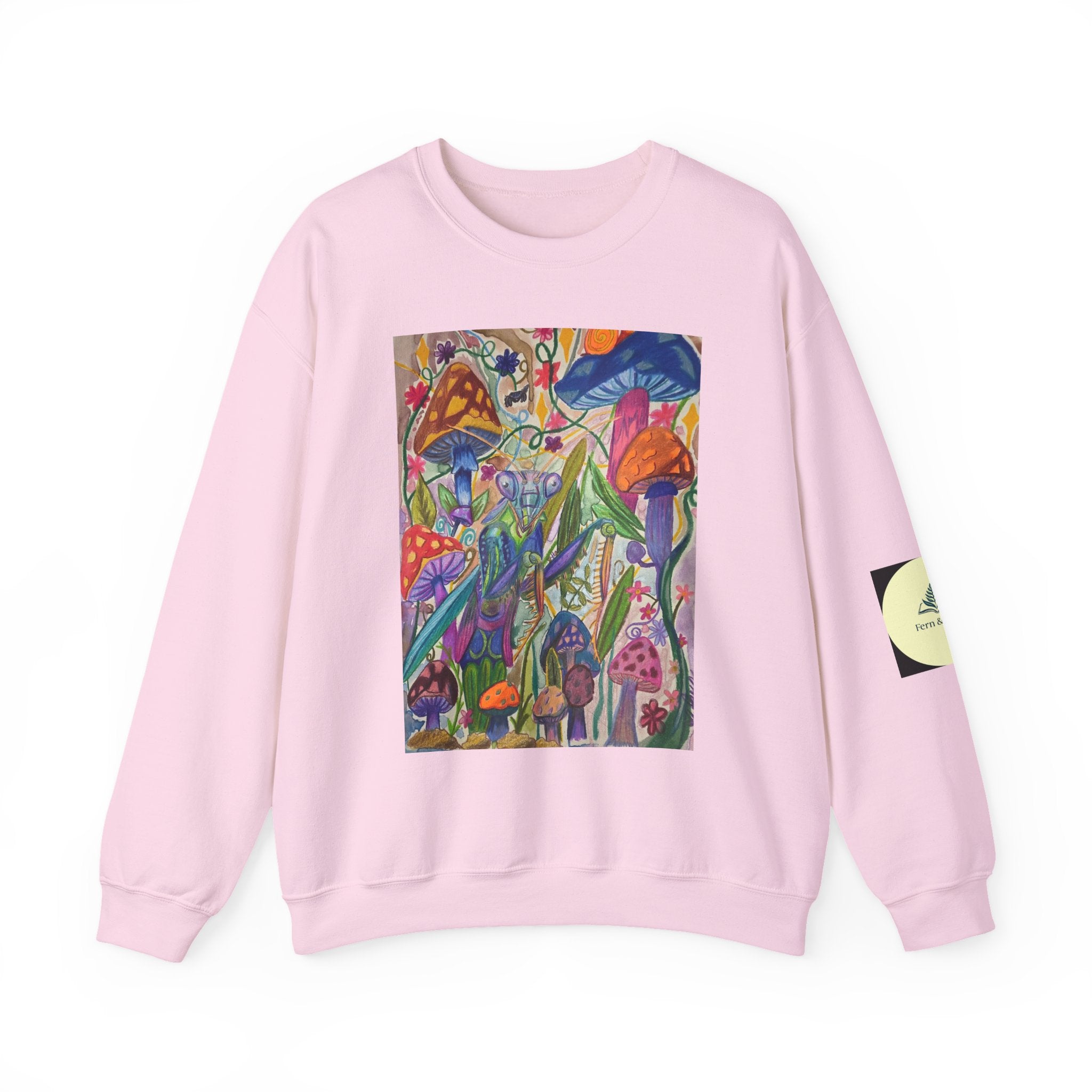 Praying Mantis/Mushroom Garden Crewneck Sweatshirt — Psychedelic Fungi Art
