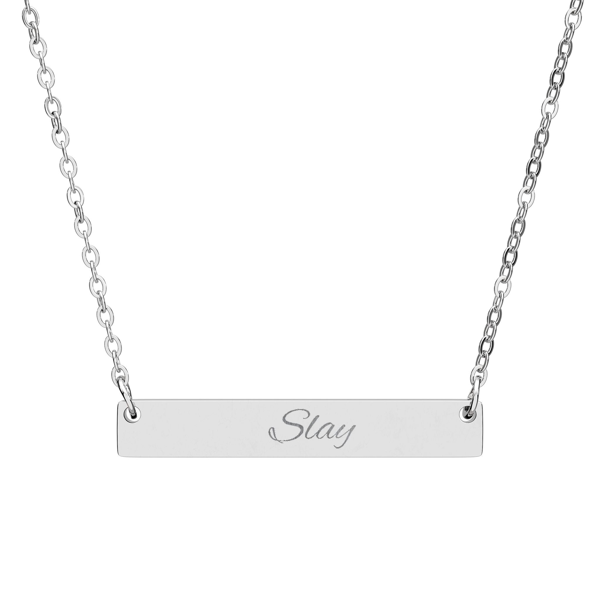 Engraved Horizontal Bar Necklace — Personalized Name Plate Jewelry ("Slay" Example)