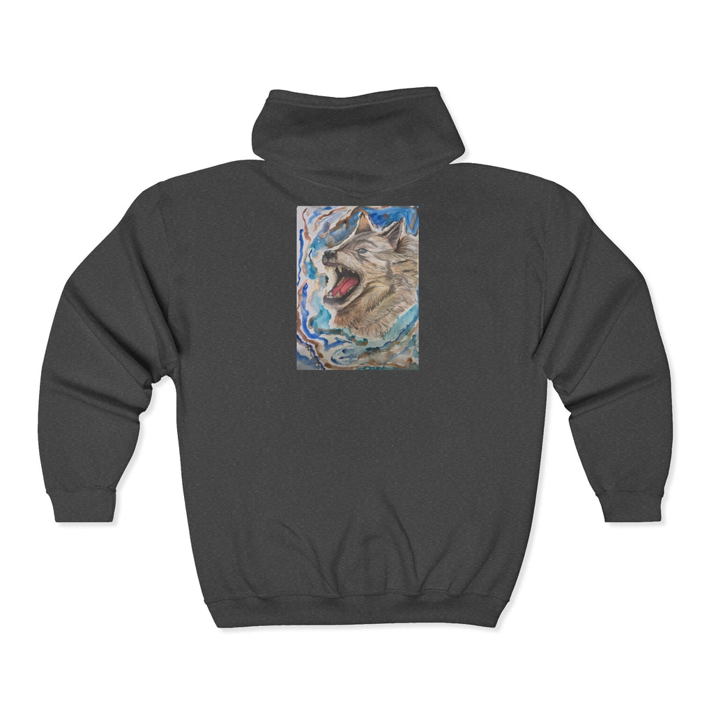 Wolf Howl Zip Hoodie — Artistic Watercolor Wolf Full-Zip Sweatshirt