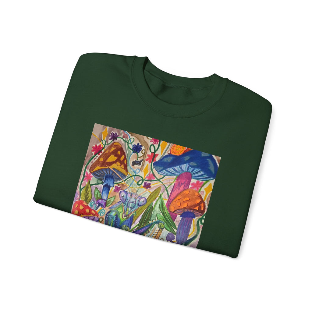 Praying Mantis/Mushroom Garden Crewneck Sweatshirt — Psychedelic Fungi Art