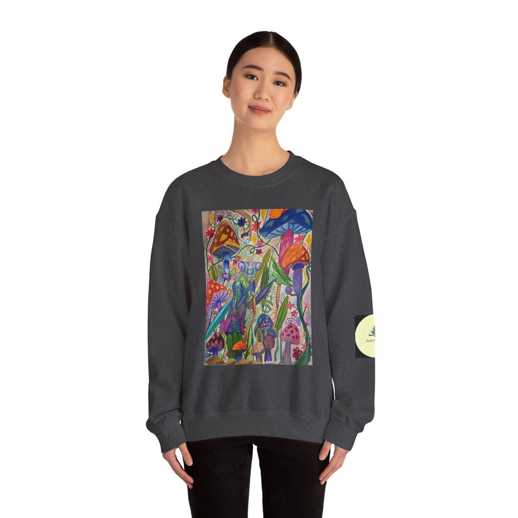 Praying Mantis/Mushroom Garden Crewneck Sweatshirt — Psychedelic Fungi Art