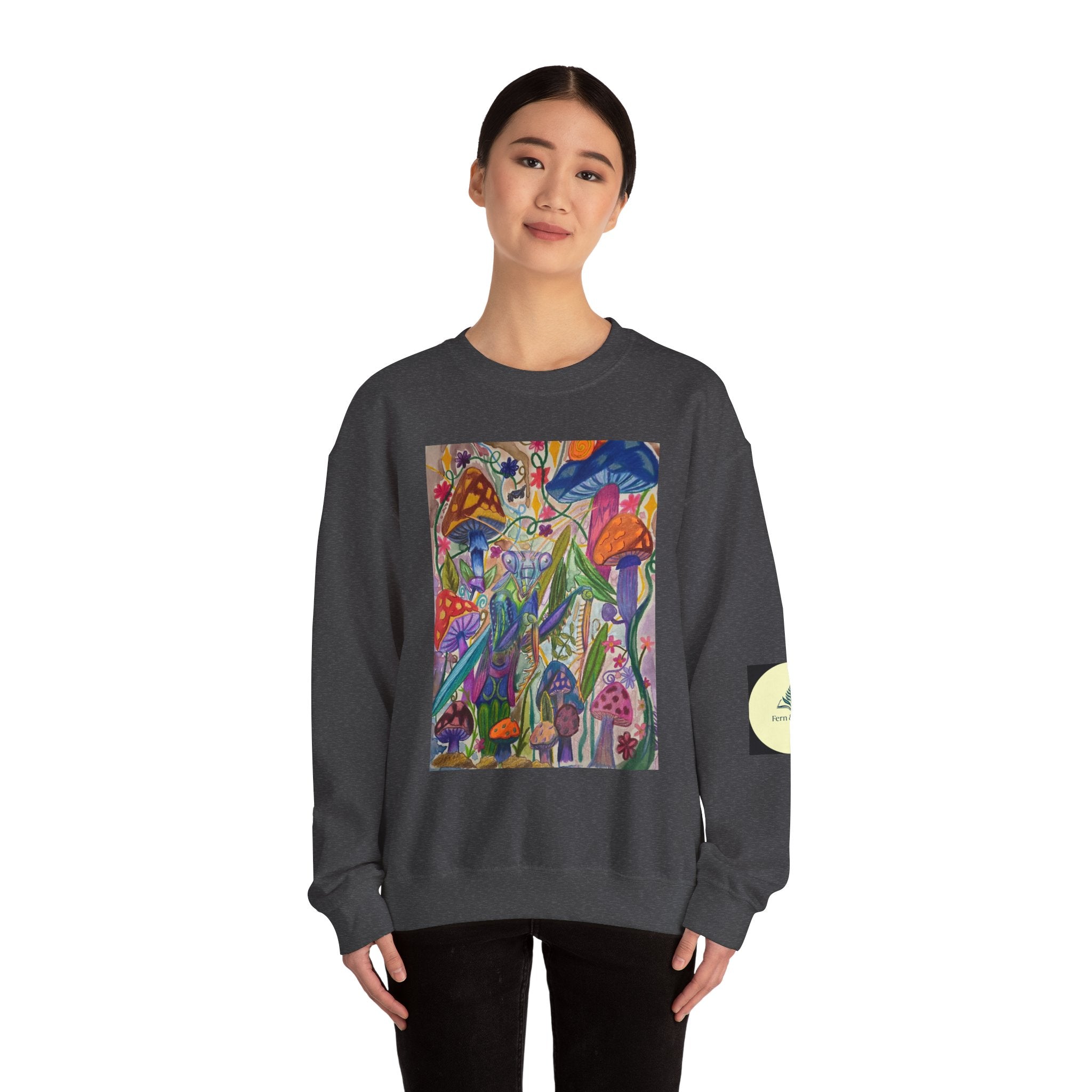 Praying Mantis/Mushroom Garden Crewneck Sweatshirt — Psychedelic Fungi Art