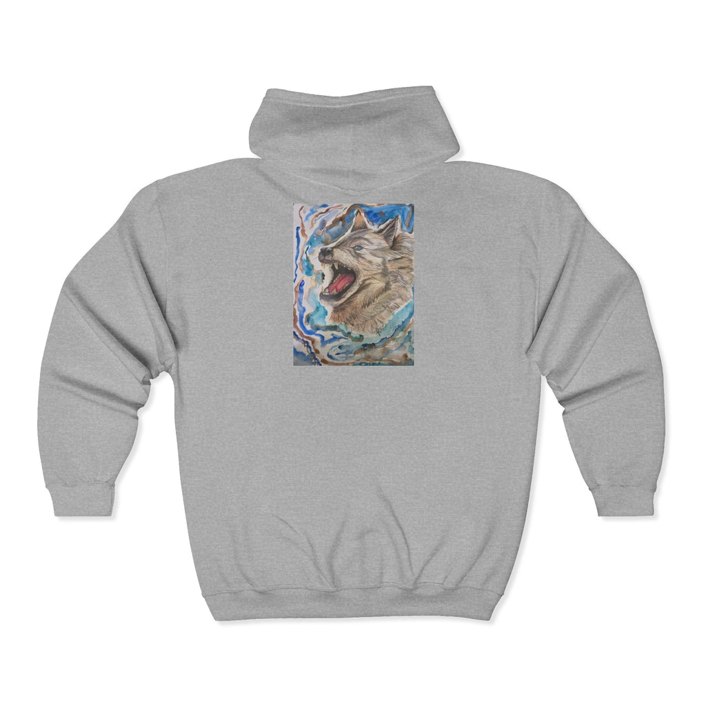 Wolf Howl Zip Hoodie — Artistic Watercolor Wolf Full-Zip Sweatshirt