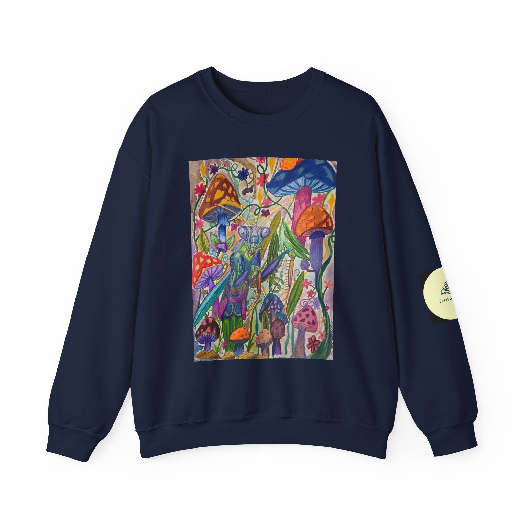 Praying Mantis/Mushroom Garden Crewneck Sweatshirt — Psychedelic Fungi Art
