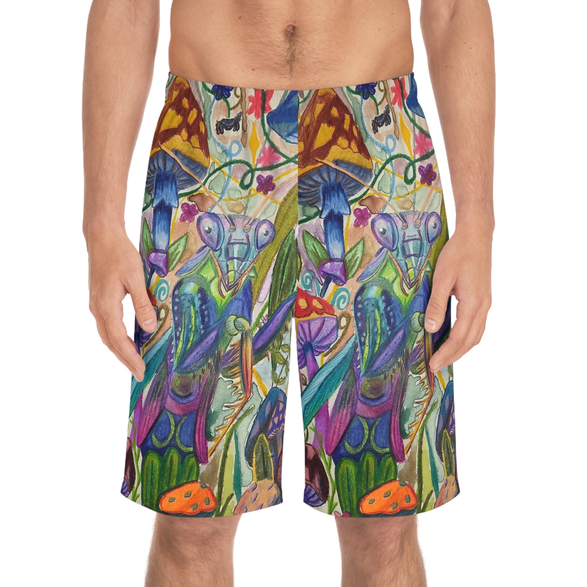 Psychedelic Mushroom Print Board Shorts — Colorful Fantasy AOP Swim Trunks