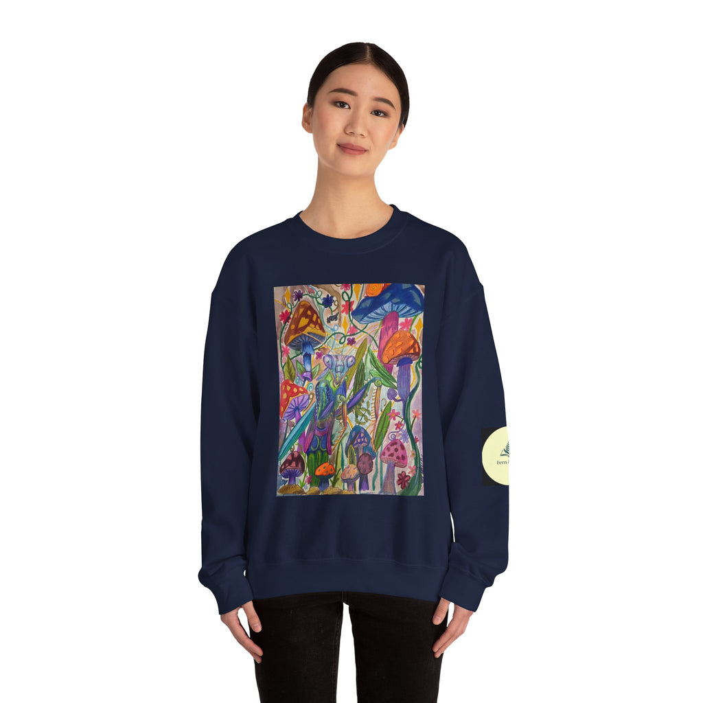 Praying Mantis/Mushroom Garden Crewneck Sweatshirt — Psychedelic Fungi Art