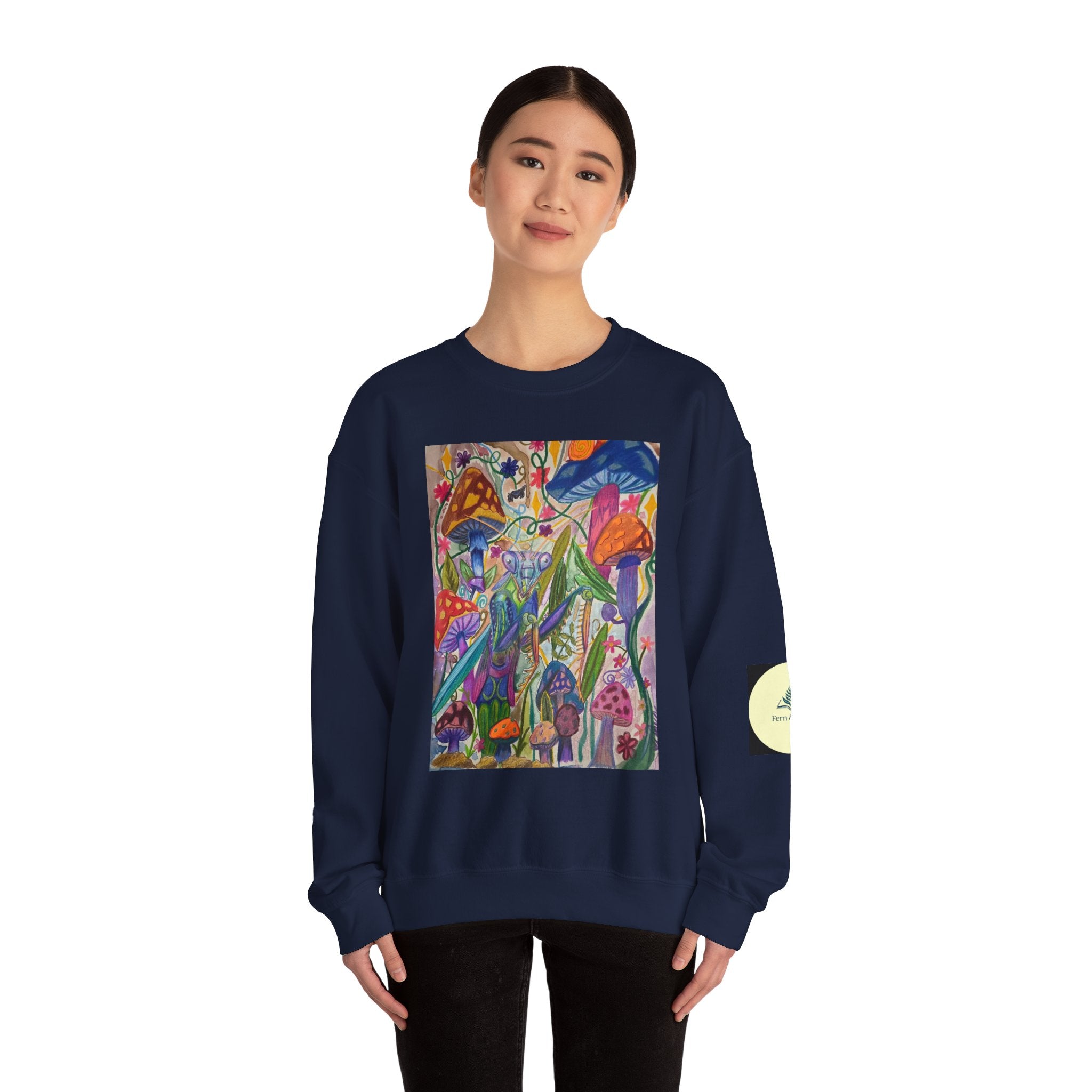 Praying Mantis/Mushroom Garden Crewneck Sweatshirt — Psychedelic Fungi Art