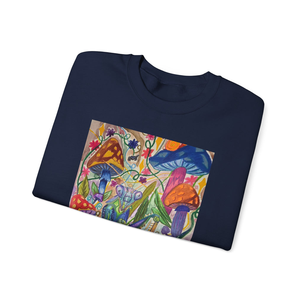 Praying Mantis/Mushroom Garden Crewneck Sweatshirt — Psychedelic Fungi Art