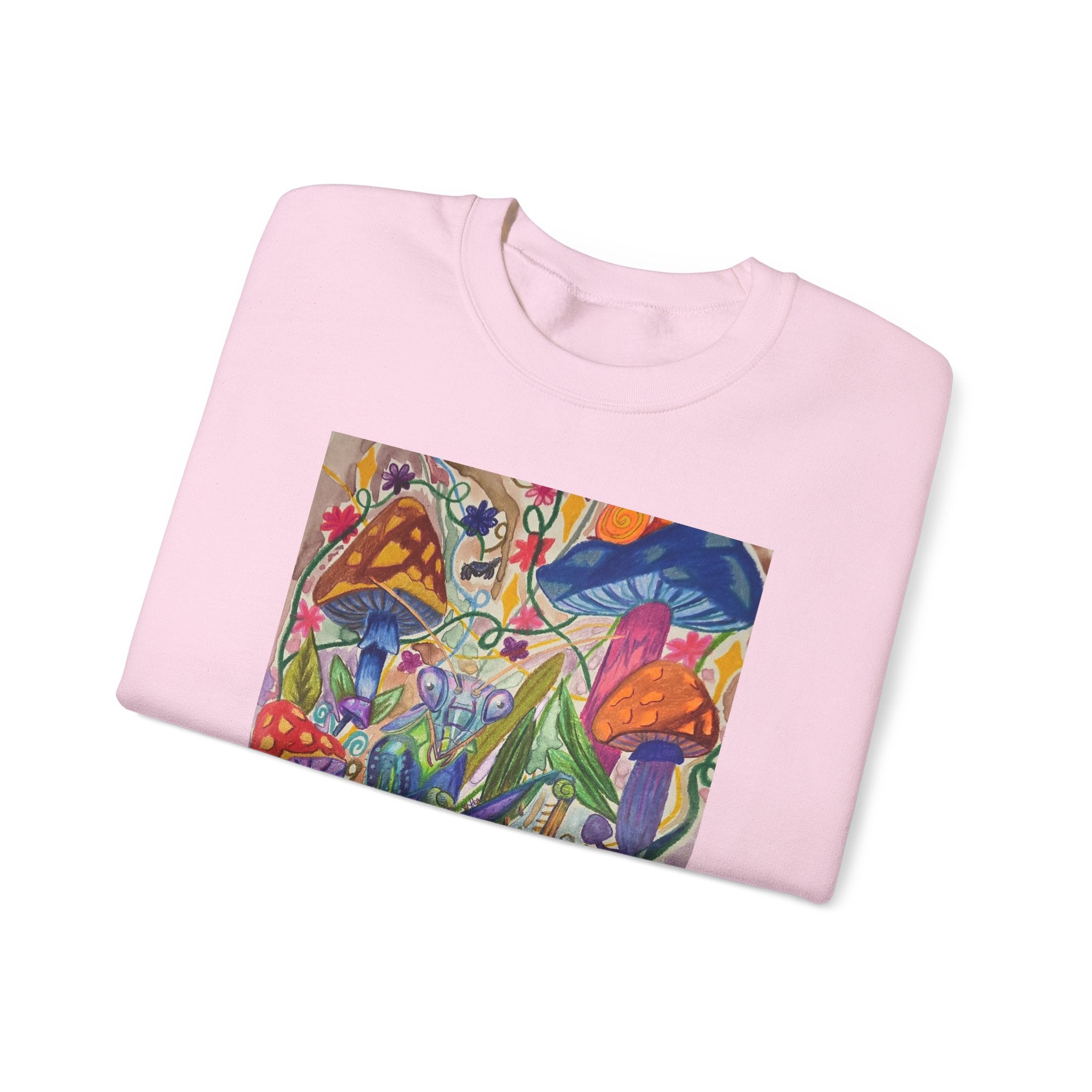 Praying Mantis/Mushroom Garden Crewneck Sweatshirt — Psychedelic Fungi Art