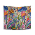 Psychedelic Mushroom Garden Wall Tapestry — Colorful Praying Mantis & Bloom Art