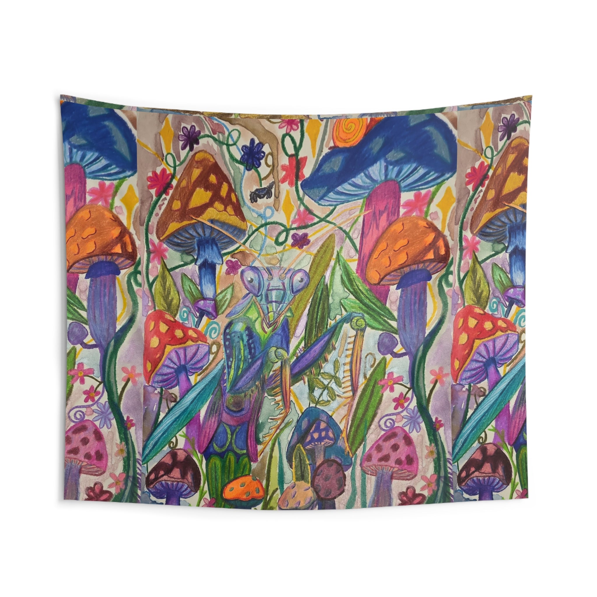 Psychedelic Mushroom Garden Wall Tapestry — Colorful Praying Mantis & Bloom Art