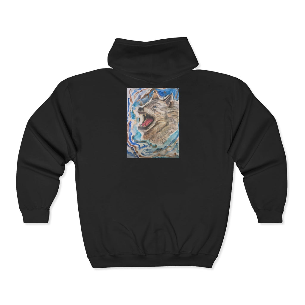 Wolf Howl Zip Hoodie — Artistic Watercolor Wolf Full-Zip Sweatshirt