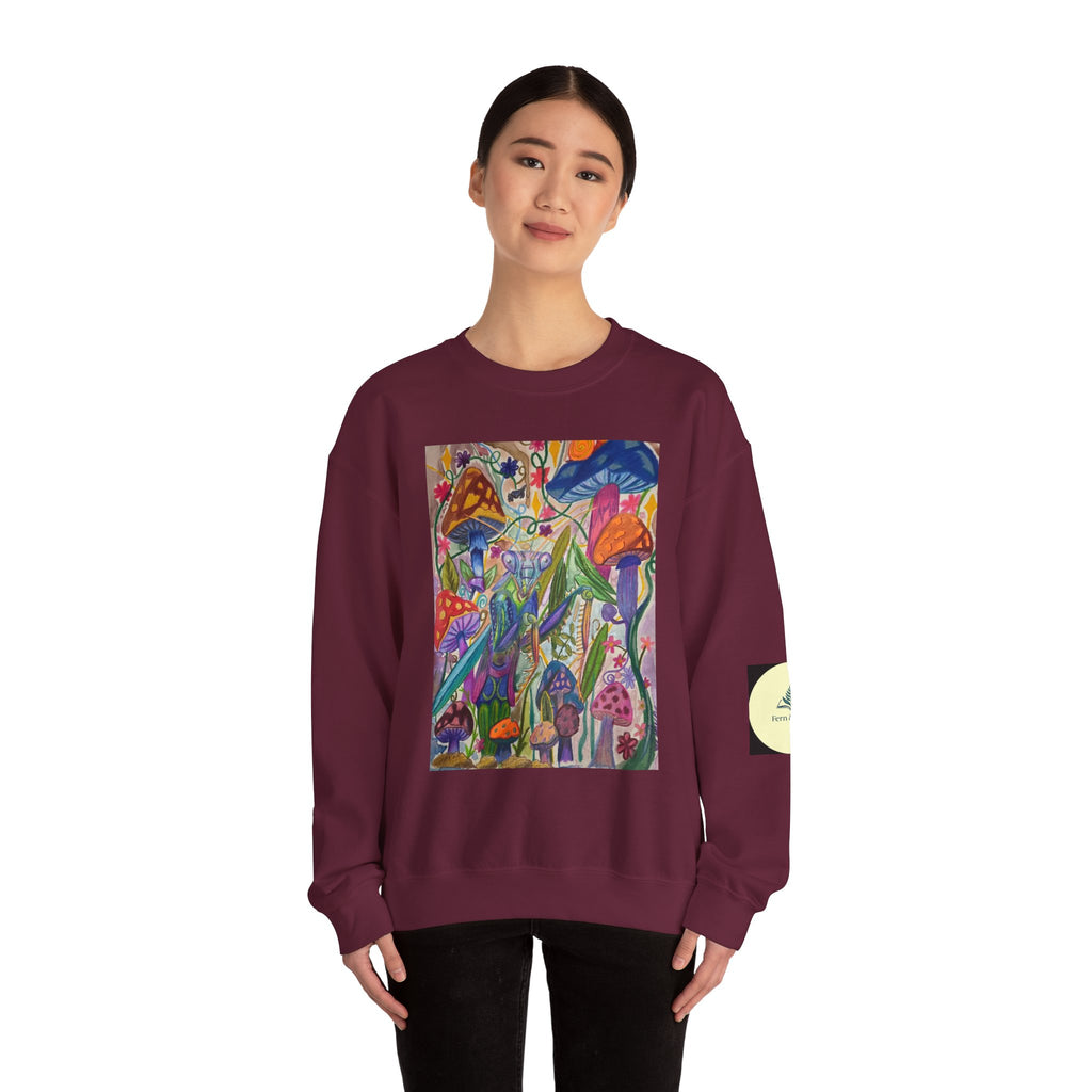Praying Mantis/Mushroom Garden Crewneck Sweatshirt — Psychedelic Fungi Art