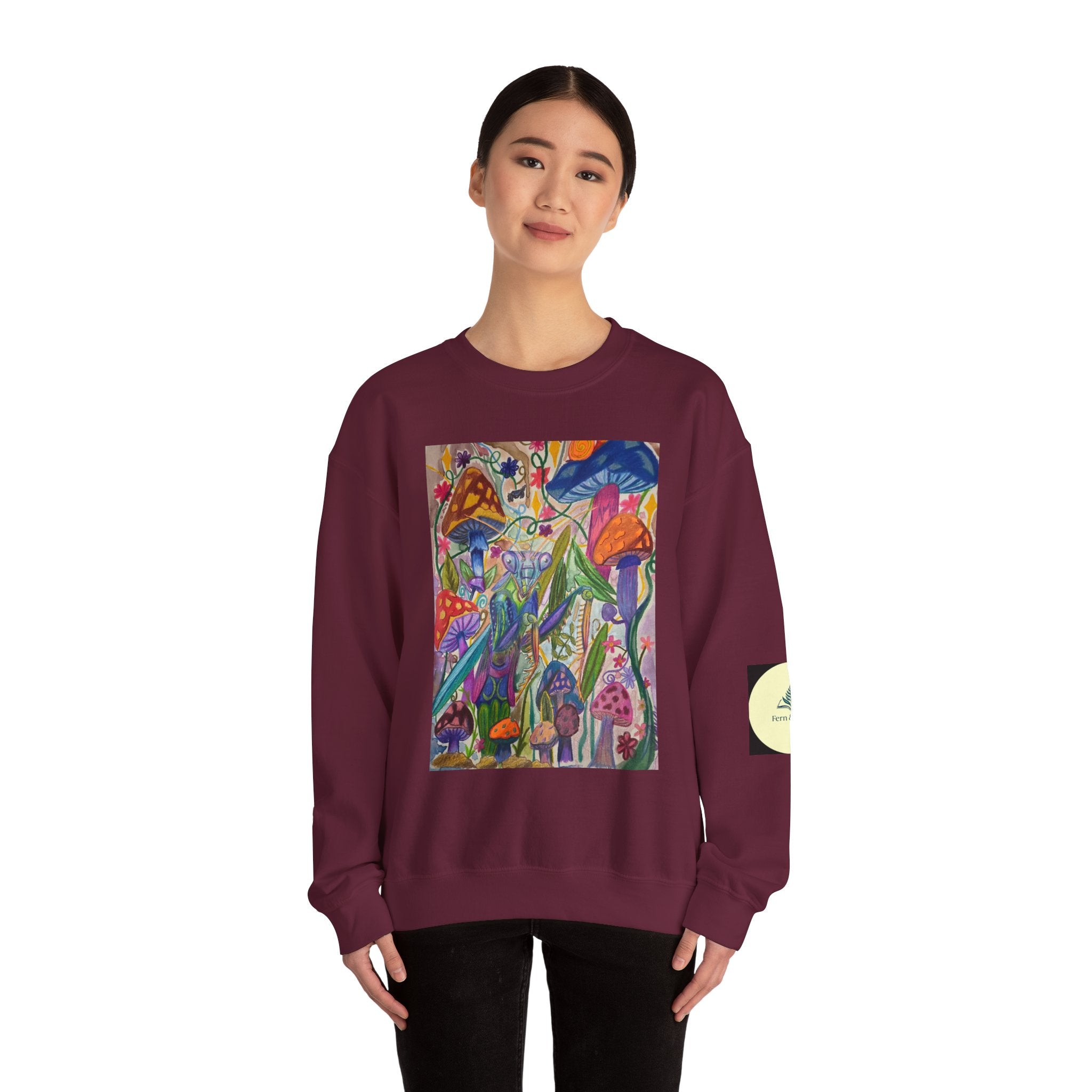 Praying Mantis/Mushroom Garden Crewneck Sweatshirt — Psychedelic Fungi Art