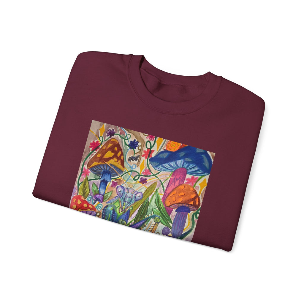 Praying Mantis/Mushroom Garden Crewneck Sweatshirt — Psychedelic Fungi Art