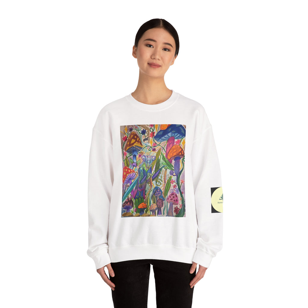 Praying Mantis/Mushroom Garden Crewneck Sweatshirt — Psychedelic Fungi Art