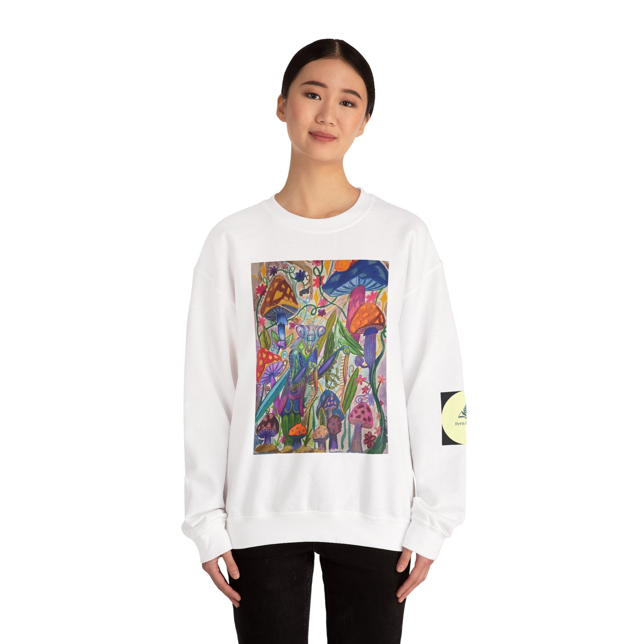 Praying Mantis/Mushroom Garden Crewneck Sweatshirt — Psychedelic Fungi Art